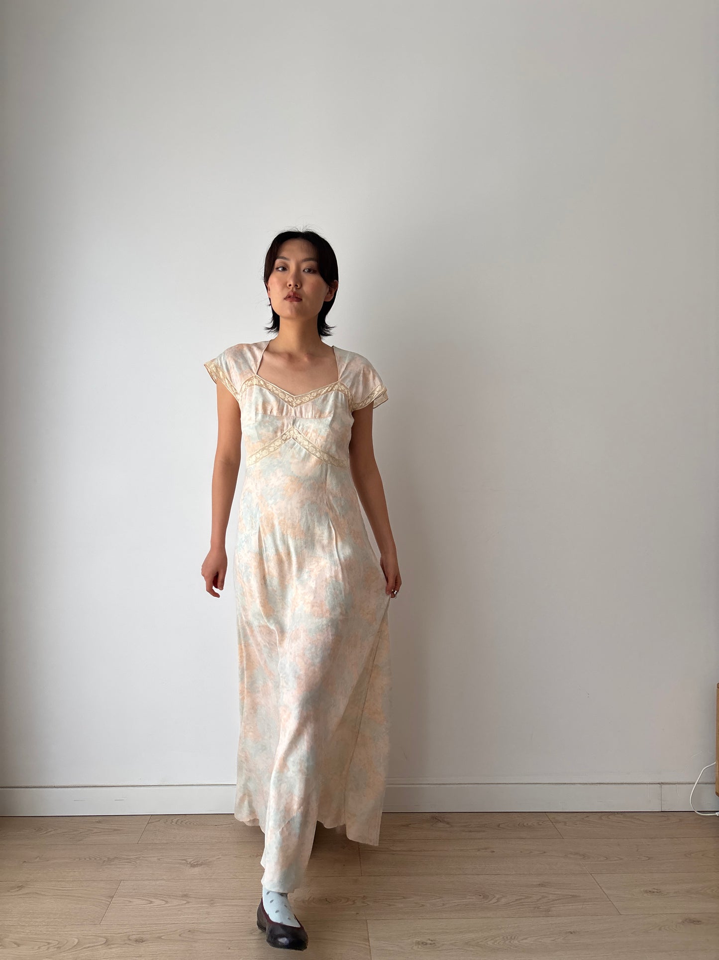 Rare 1930s Pink blue floral print silk romantic dress, parisian nightgown bridal slip dress, bias cut dress