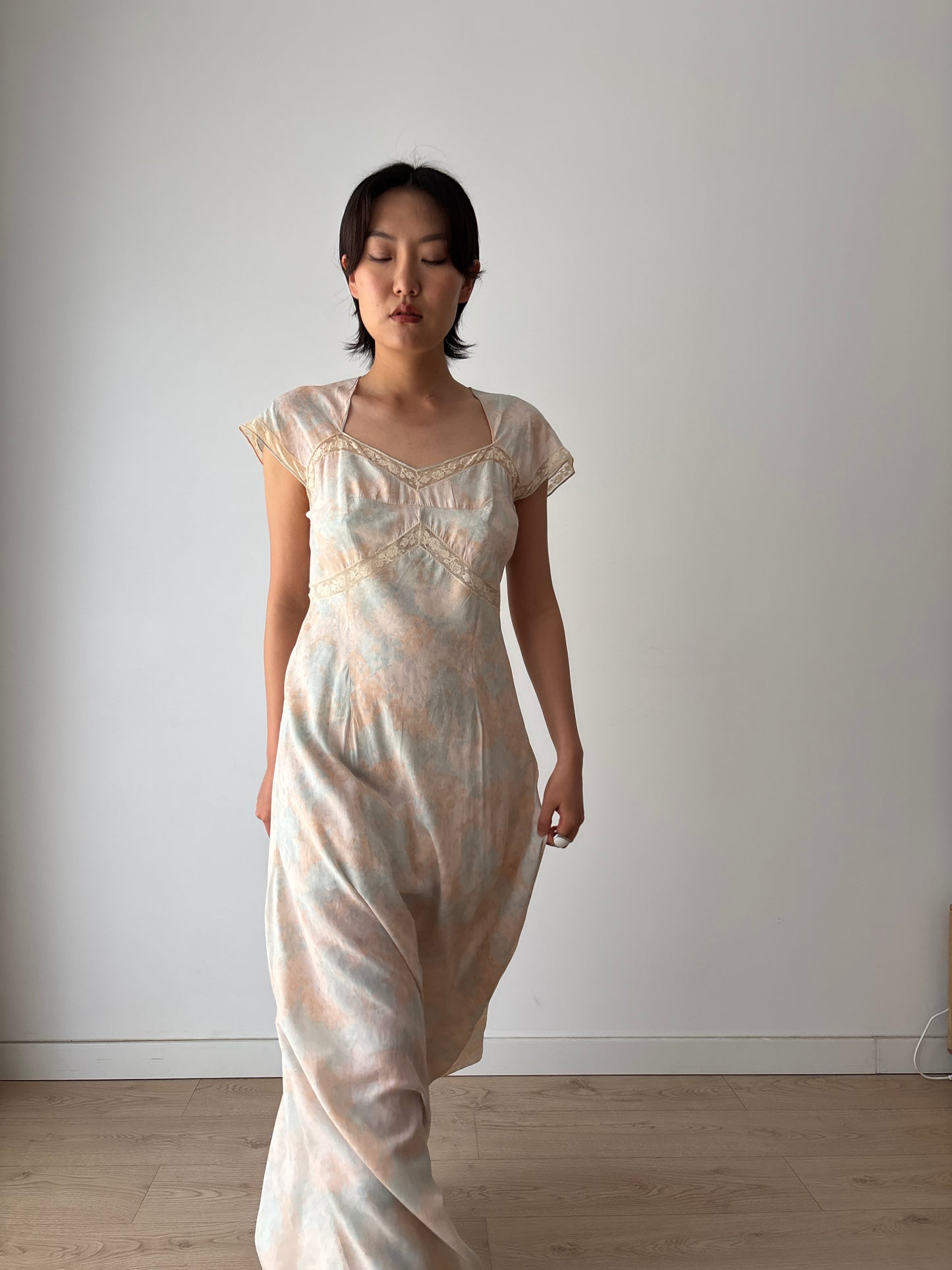 Rare 1930s Pink blue floral print silk romantic dress, parisian nightgown bridal slip dress, bias cut dress