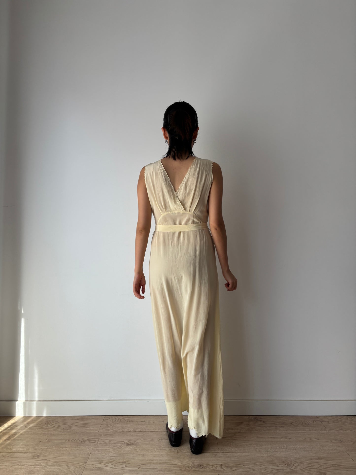 1940s Antique 100% Silk Crepe Yellow Embroidered Long Slip Maxi dress