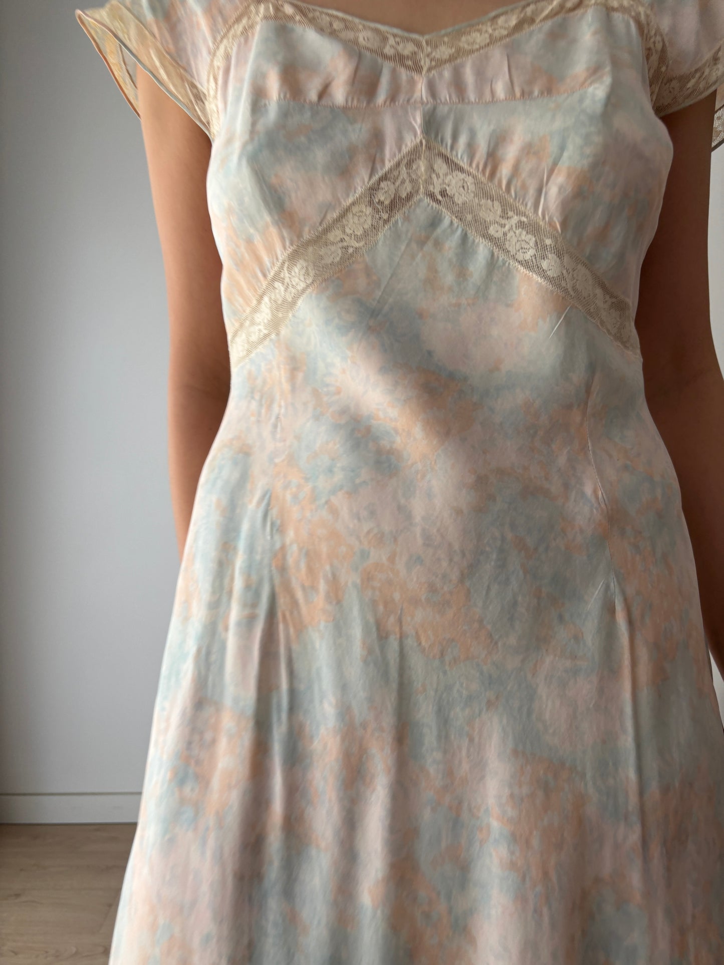 Rare 1930s Pink blue floral print silk romantic dress, parisian nightgown bridal slip dress, bias cut dress