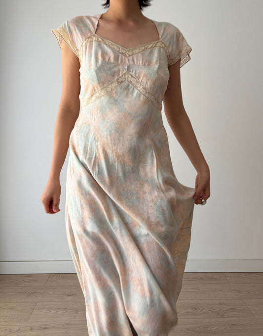 Rare 1930s Pink blue floral print silk romantic dress, parisian nightgown bridal slip dress, bias cut dress