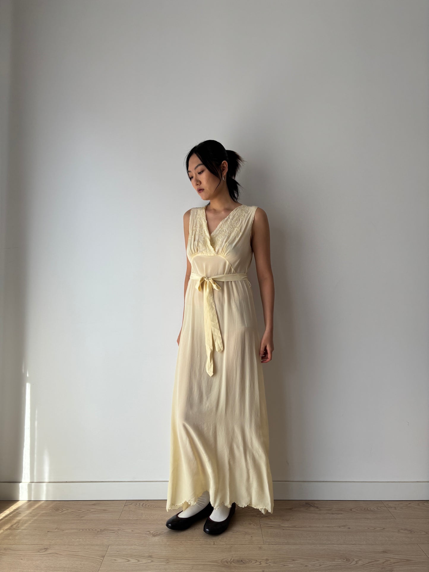 1940s Antique 100% Silk Crepe Yellow Embroidered Long Slip Maxi dress