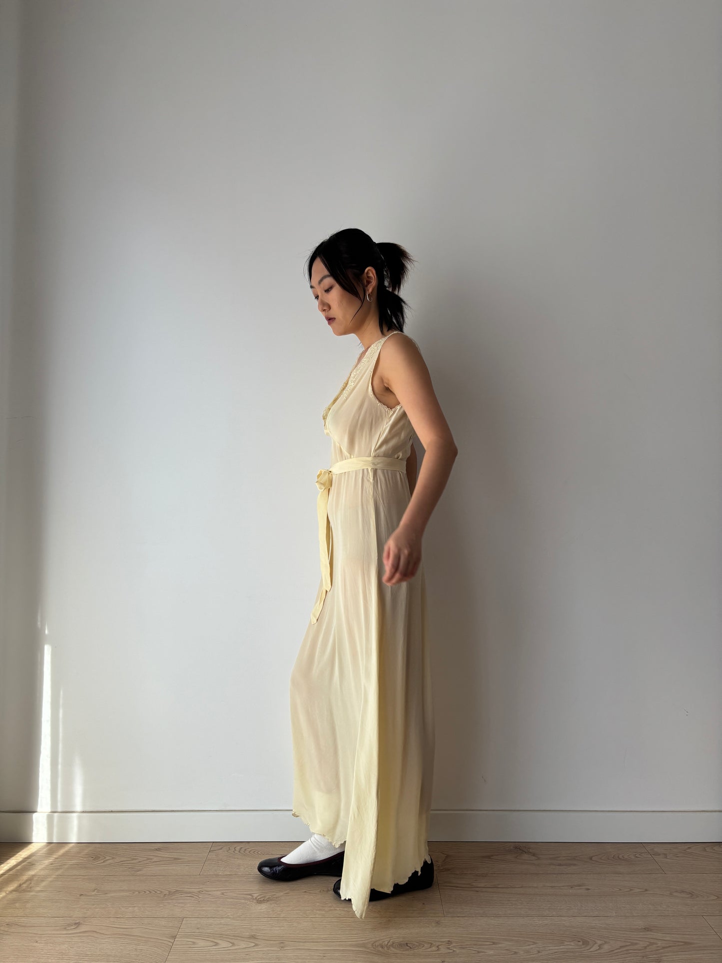 1940s Antique 100% Silk Crepe Yellow Embroidered Long Slip Maxi dress