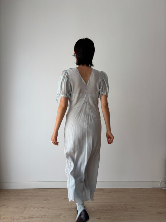 Antique 1930s blue silk chiffon bias cut romantic gown, translucent art deco slip dress