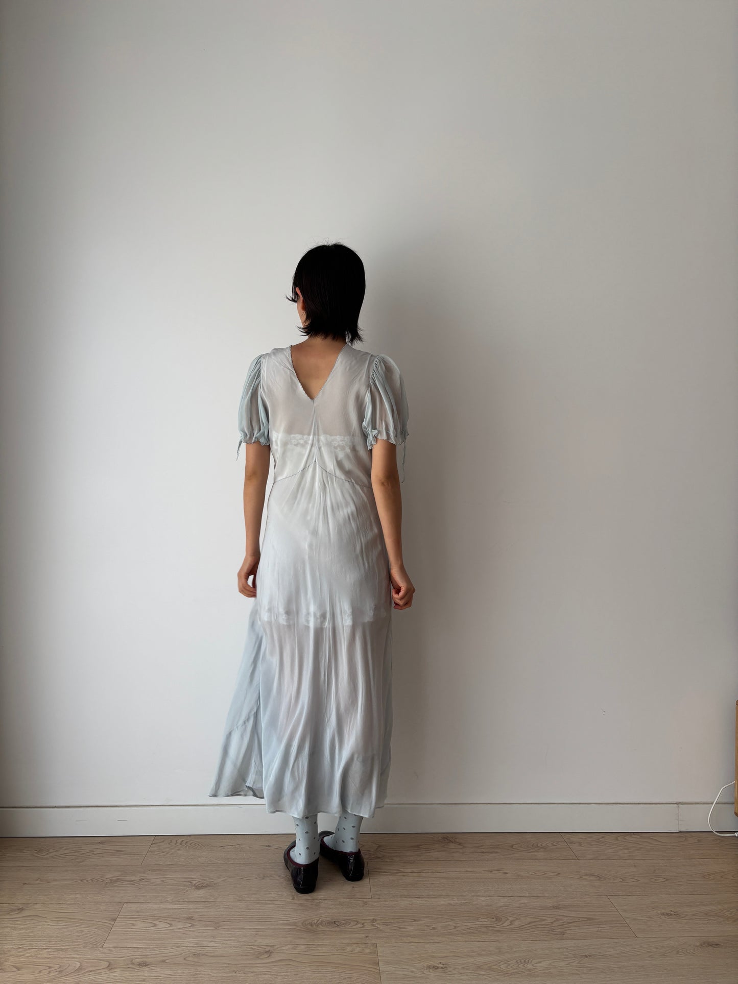 Antique 1930s blue silk chiffon bias cut romantic gown, translucent art deco slip dress