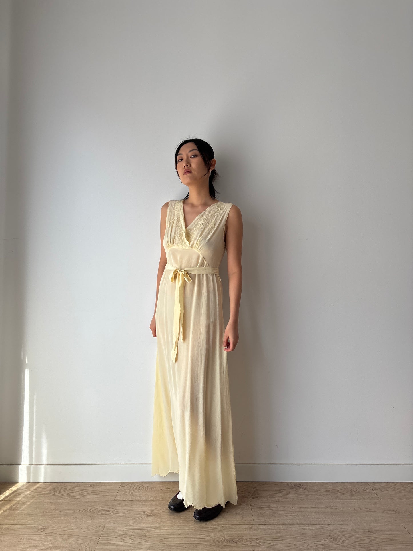 1940s Antique 100% Silk Crepe Yellow Embroidered Long Slip Maxi dress
