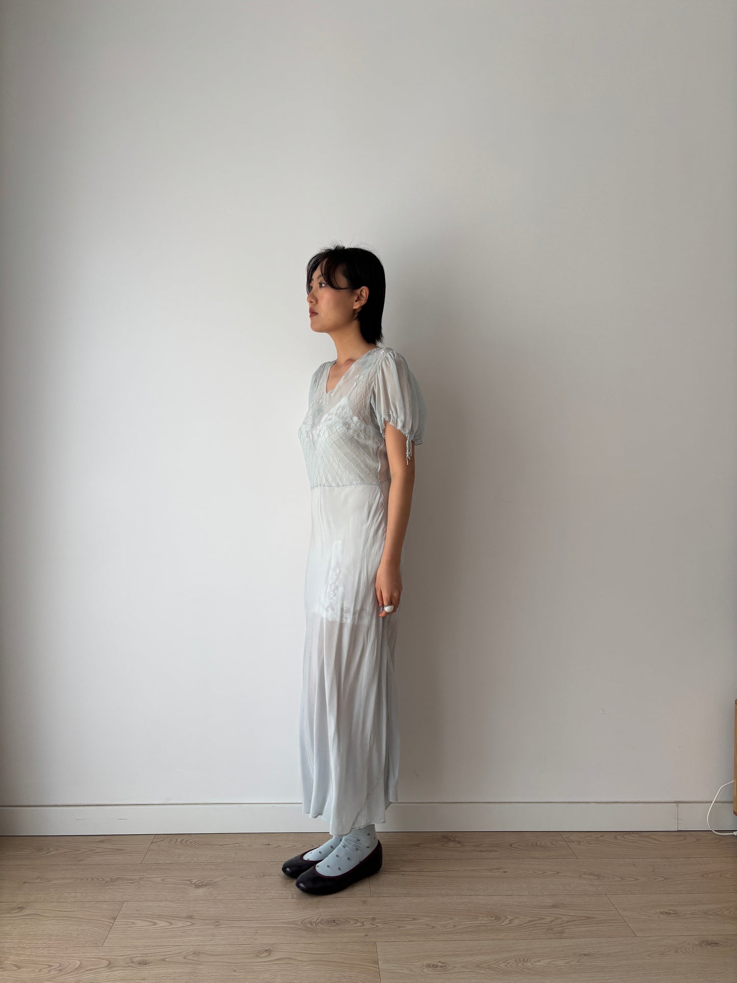 Antique 1930s blue silk chiffon bias cut romantic gown, translucent art deco slip dress