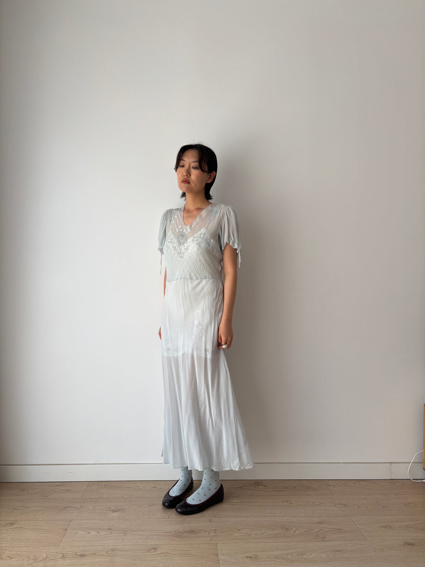 Antique 1930s blue silk chiffon bias cut romantic gown, translucent art deco slip dress