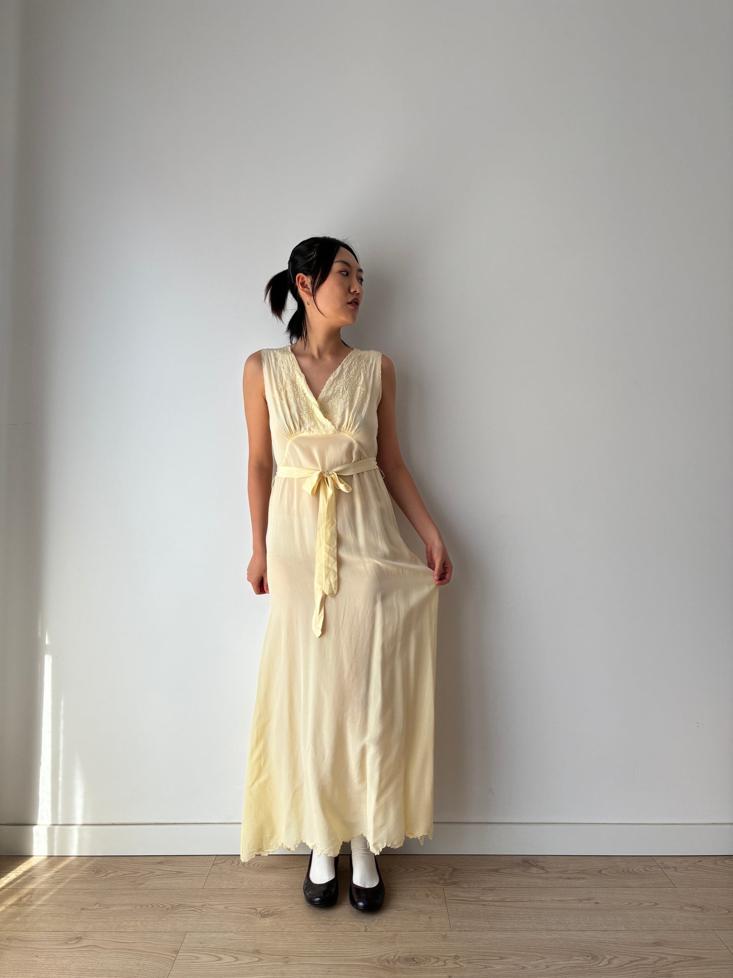 1940s Antique 100% Silk Crepe Yellow Embroidered Long Slip Maxi dress