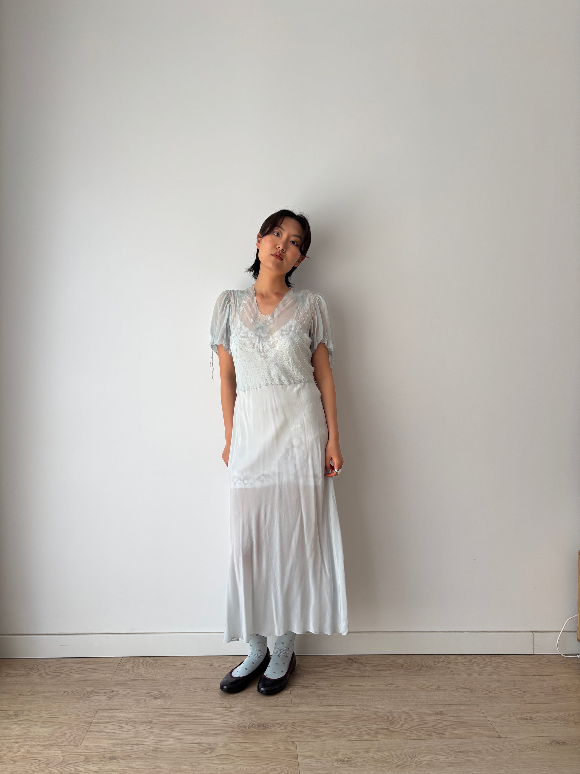 Antique 1930s blue silk chiffon bias cut romantic gown, translucent art deco slip dress