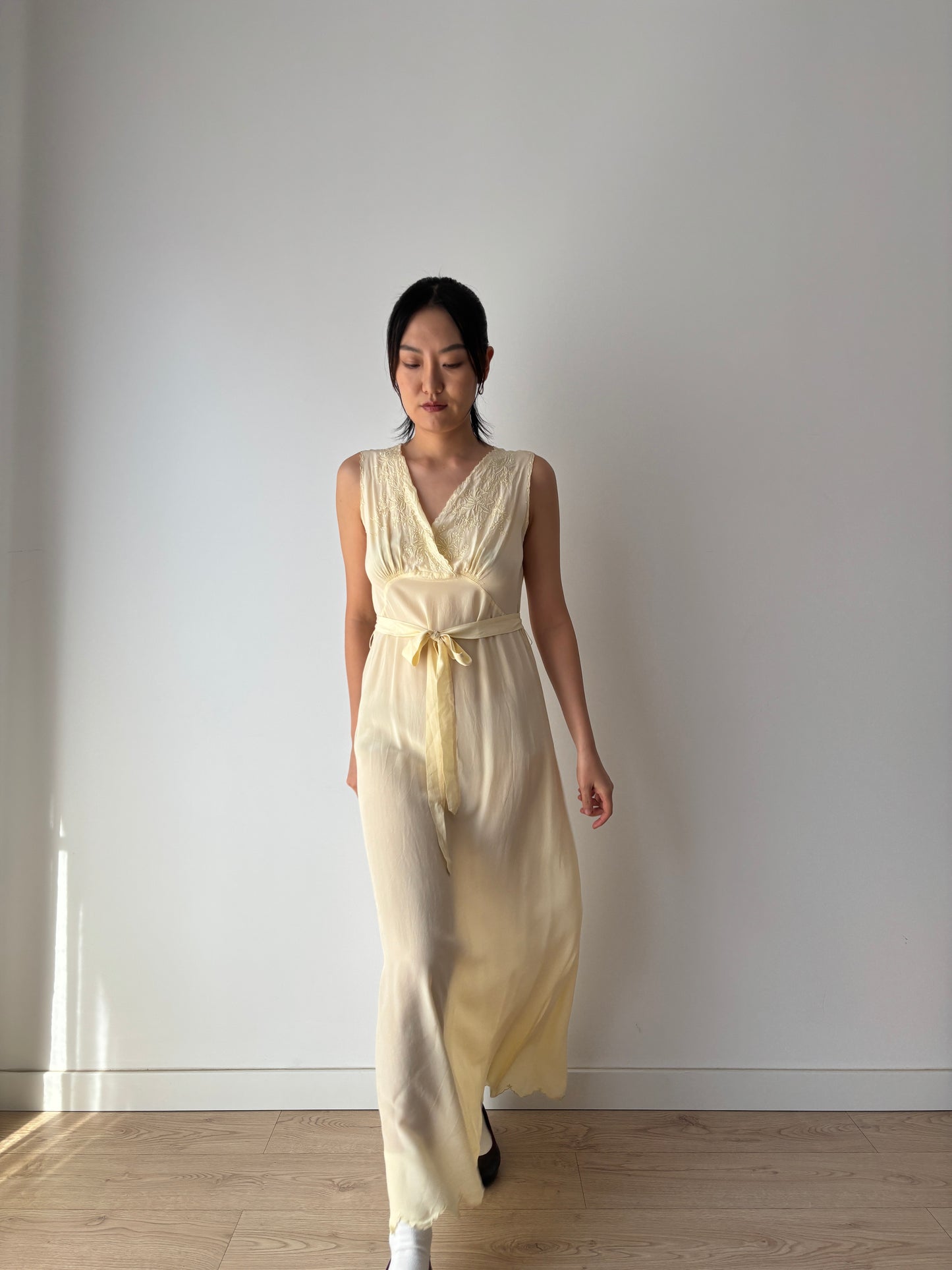 1940s Antique 100% Silk Crepe Yellow Embroidered Long Slip Maxi dress
