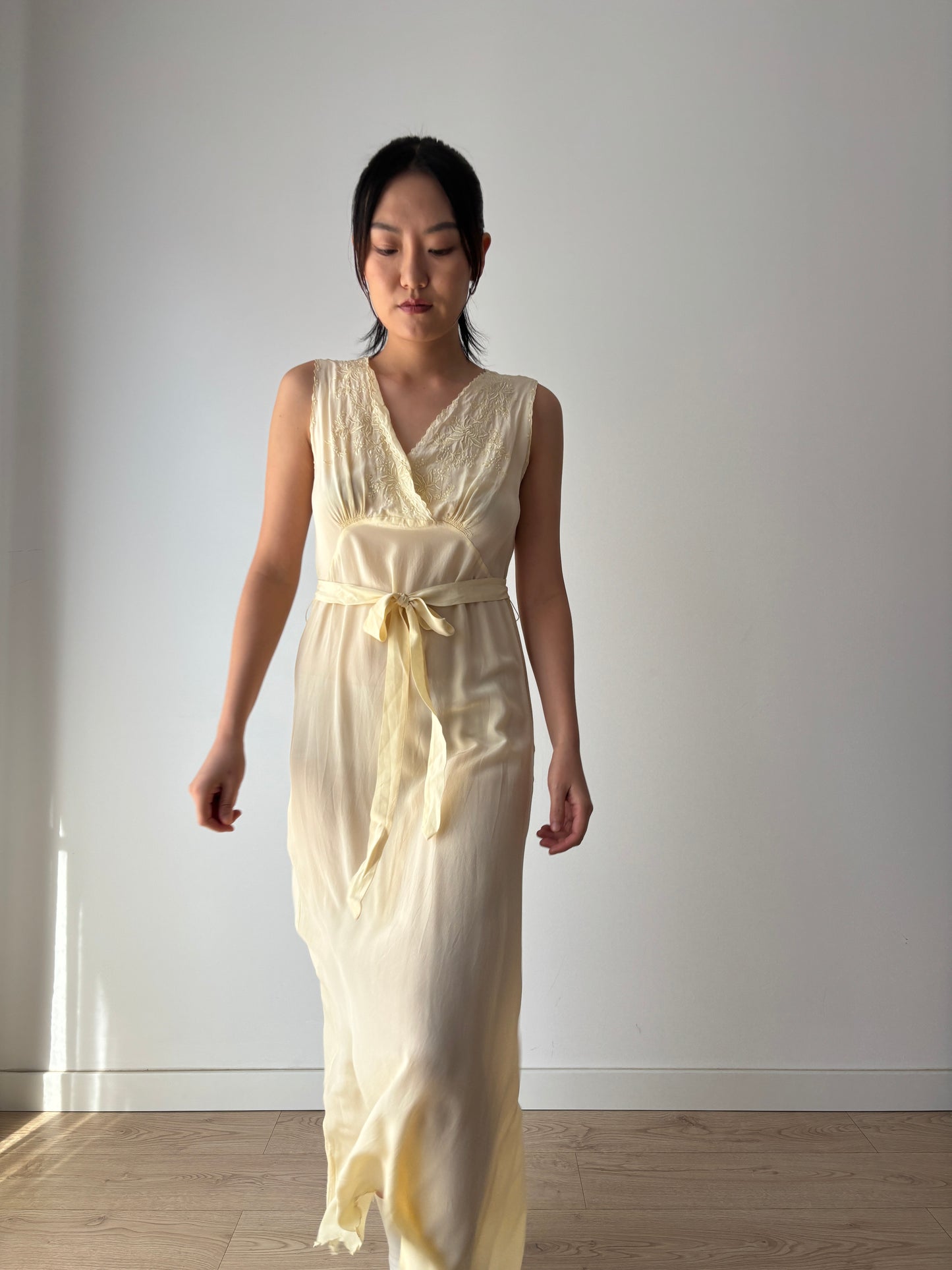 1940s Antique 100% Silk Crepe Yellow Embroidered Long Slip Maxi dress