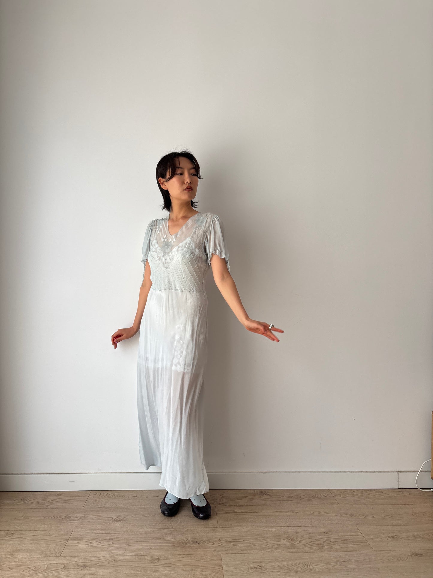 Antique 1930s blue silk chiffon bias cut romantic gown, translucent art deco slip dress
