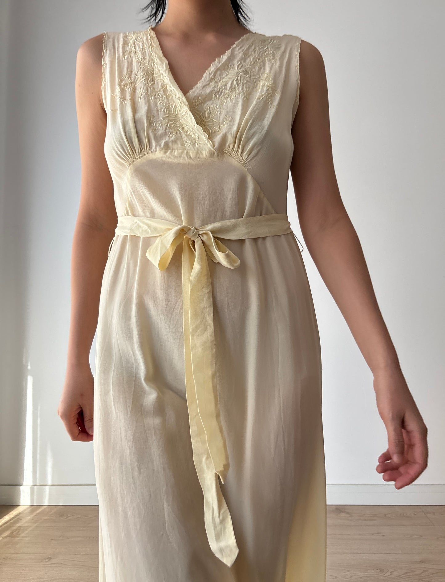 1940s Antique 100% Silk Crepe Yellow Embroidered Long Slip Maxi dress