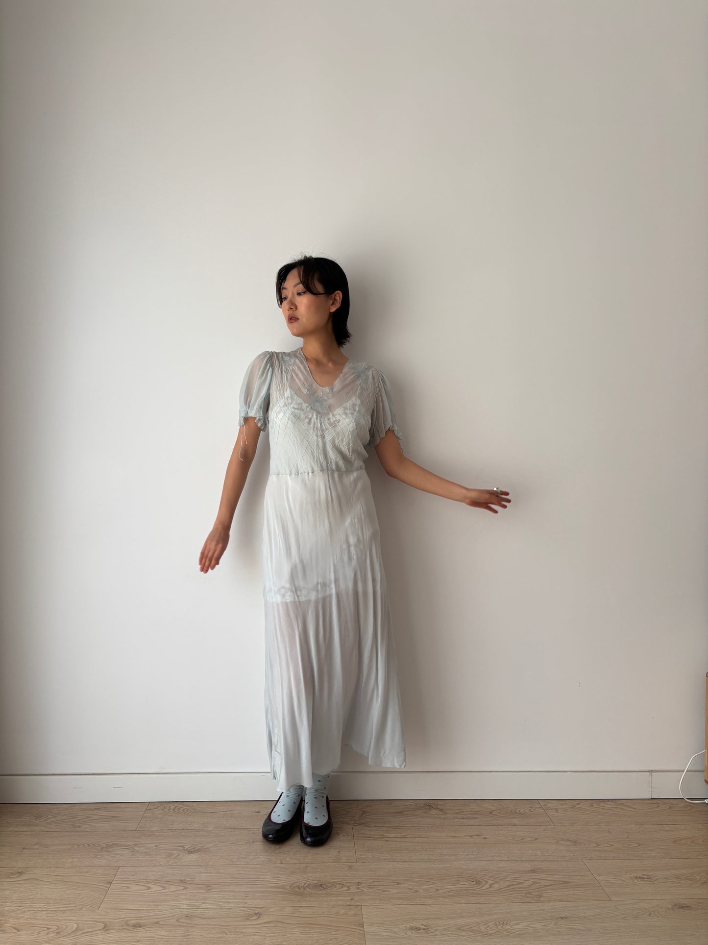 Antique 1930s blue silk chiffon bias cut romantic gown, translucent art deco slip dress