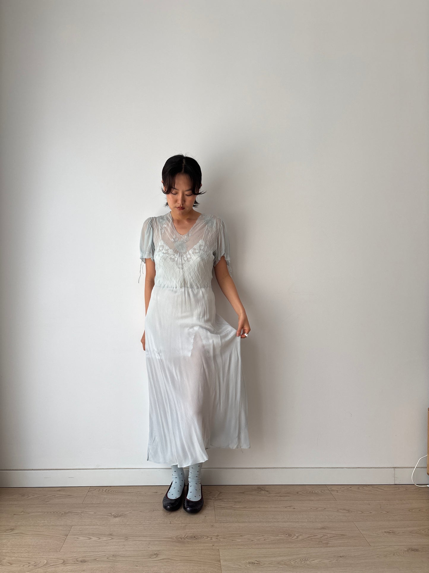 Antique 1930s blue silk chiffon bias cut romantic gown, translucent art deco slip dress