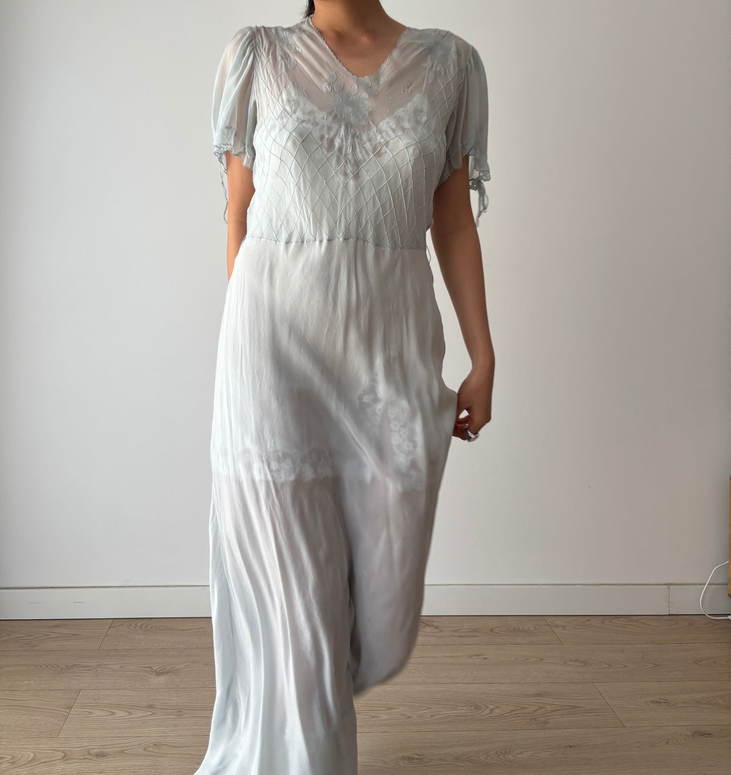 Antique 1930s blue silk chiffon bias cut romantic gown, translucent art deco slip dress