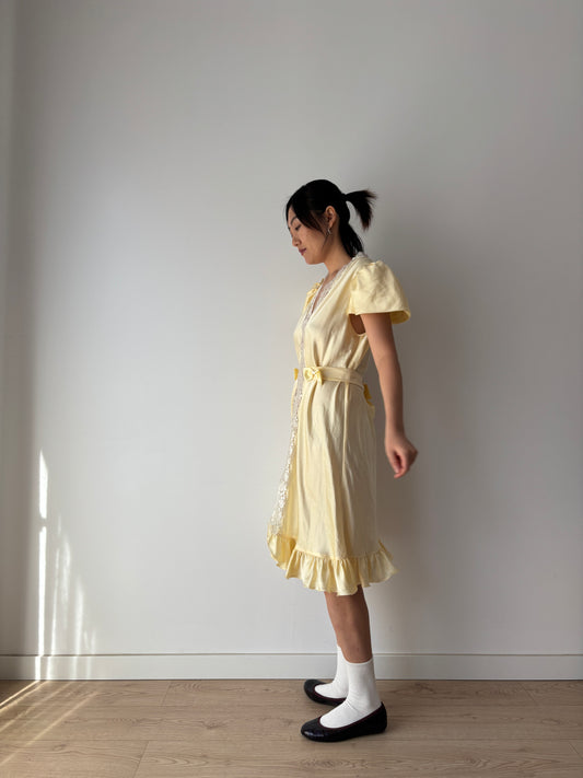 Vintage Yellow Pure Silk Lace Nightgown with Bow & Waist Belt