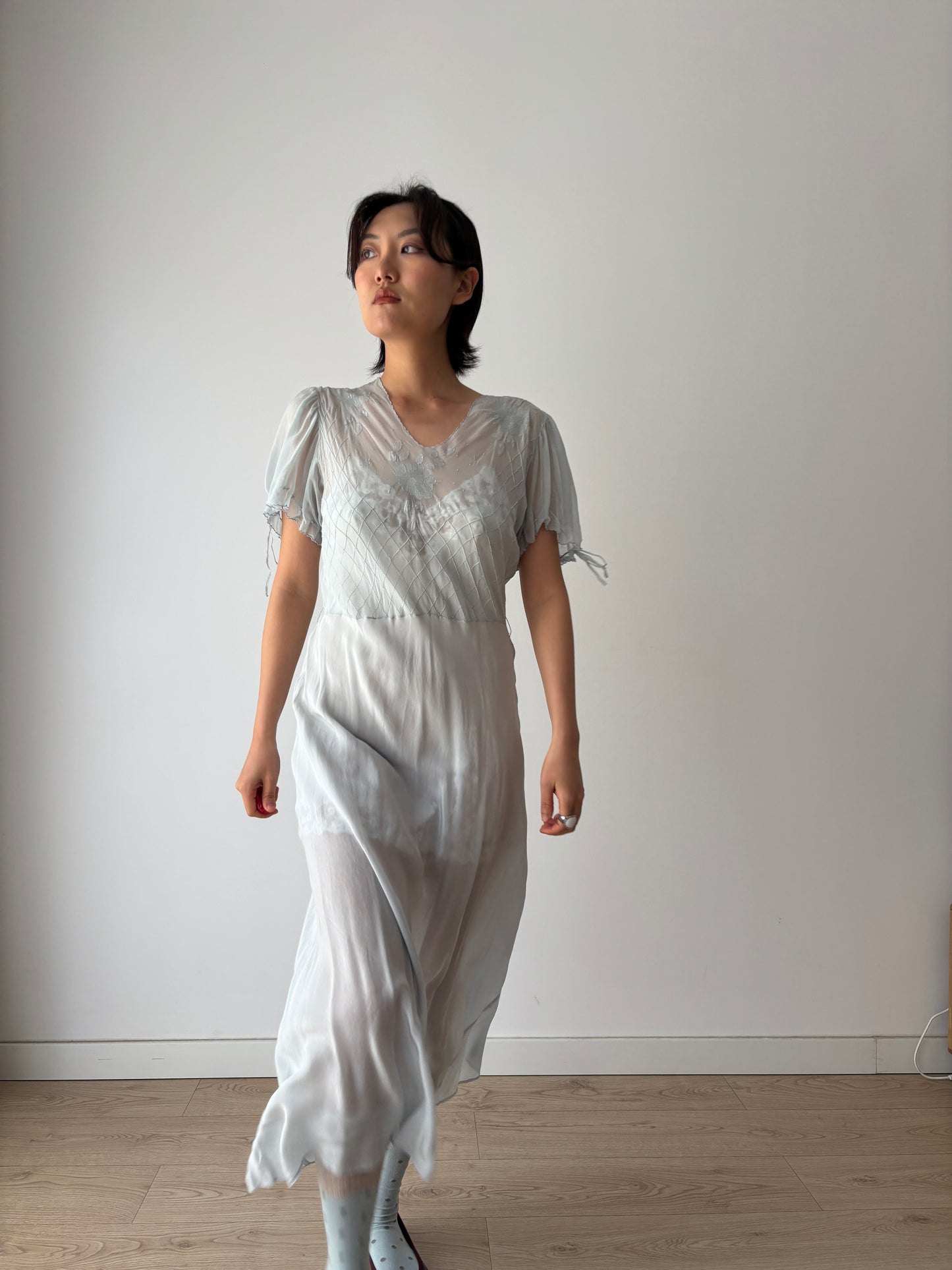 Antique 1930s blue silk chiffon bias cut romantic gown, translucent art deco slip dress