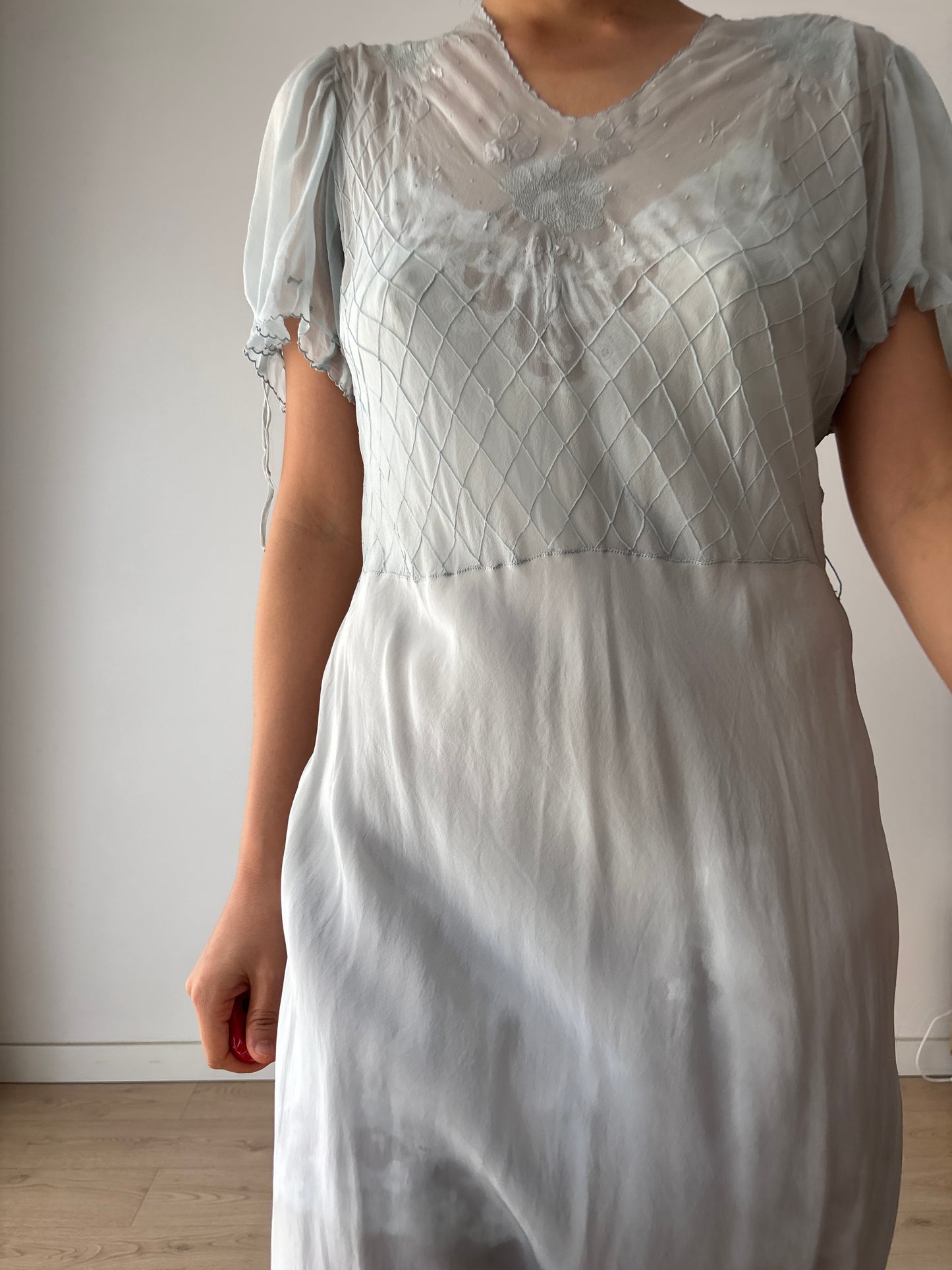 Antique 1930s blue silk chiffon bias cut romantic gown, translucent art deco slip dress