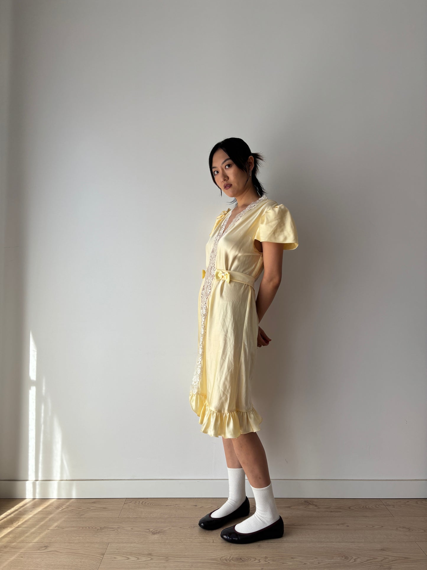 Vintage Yellow Pure Silk Lace Nightgown with Bow & Waist Belt
