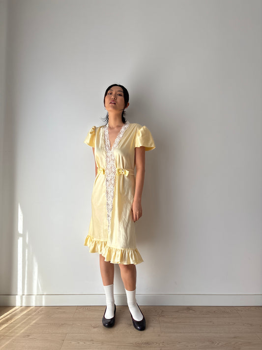 Vintage Yellow Pure Silk Lace Nightgown with Bow & Waist Belt