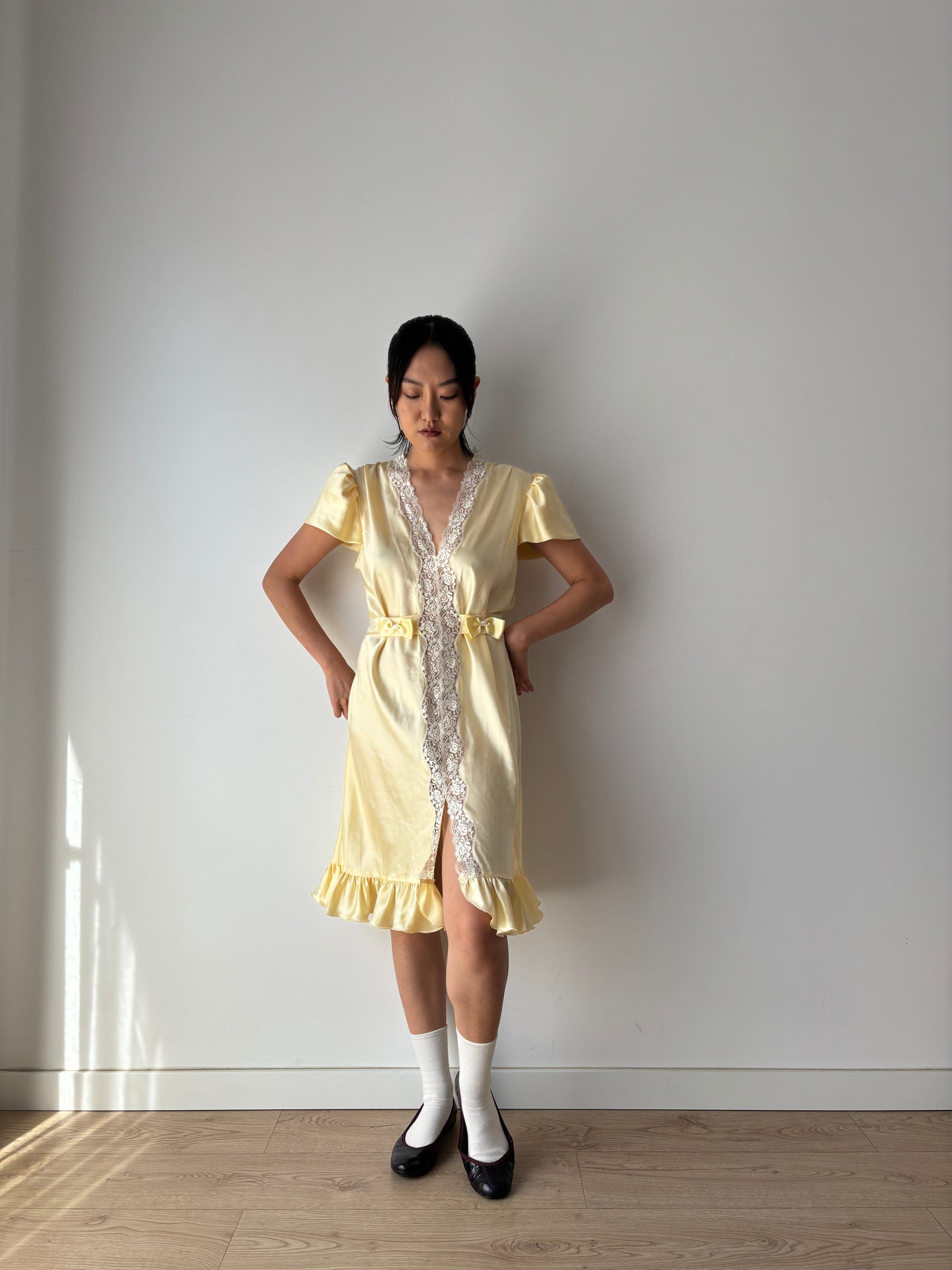 Vintage Yellow Pure Silk Lace Nightgown with Bow & Waist Belt