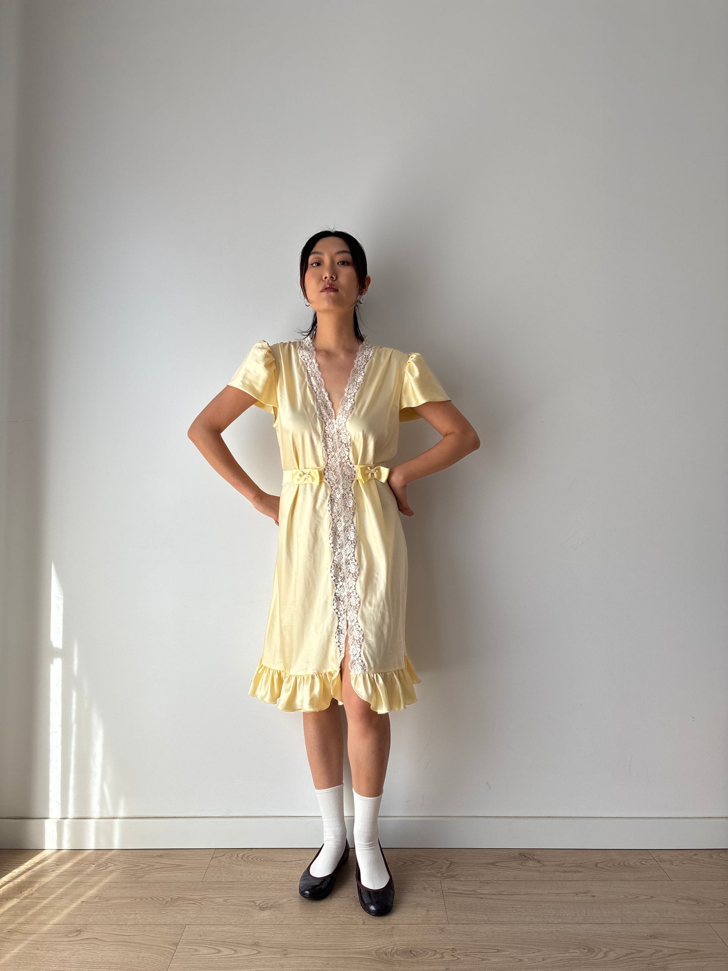 Vintage Yellow Pure Silk Lace Nightgown with Bow & Waist Belt