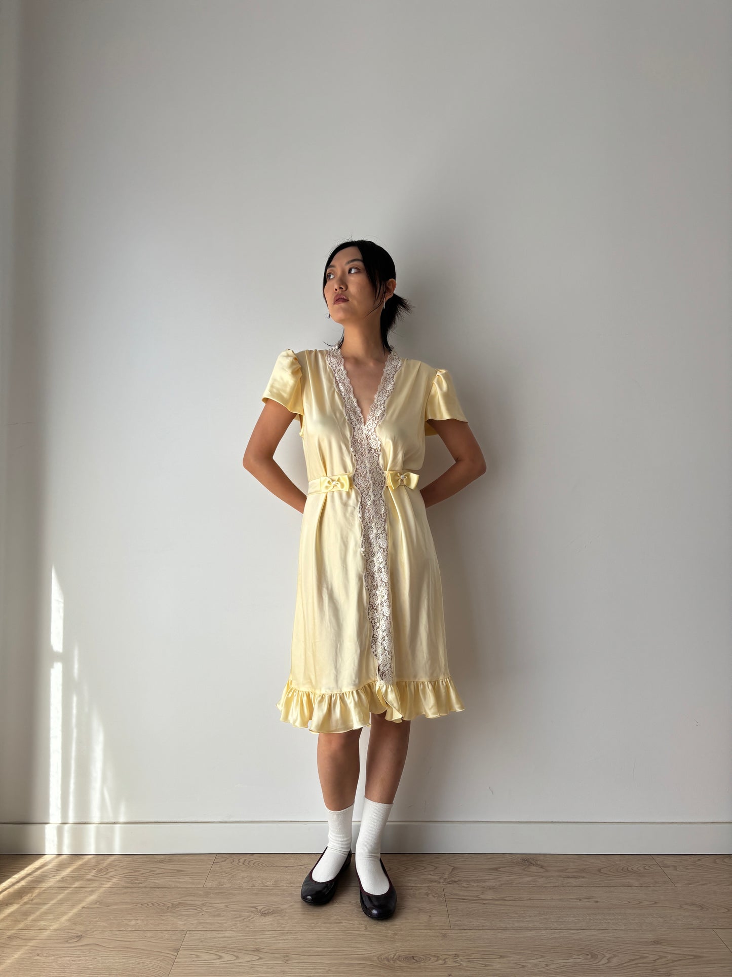 Vintage Yellow Pure Silk Lace Nightgown with Bow & Waist Belt