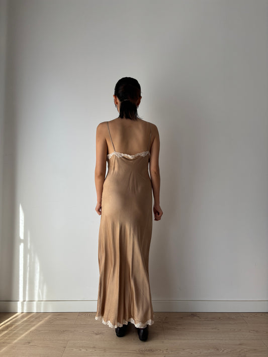 Vintage Brown Silk Lace Slip Dress with Appliqué, 1930s Style Romantic Slit Cut Maxi Gown