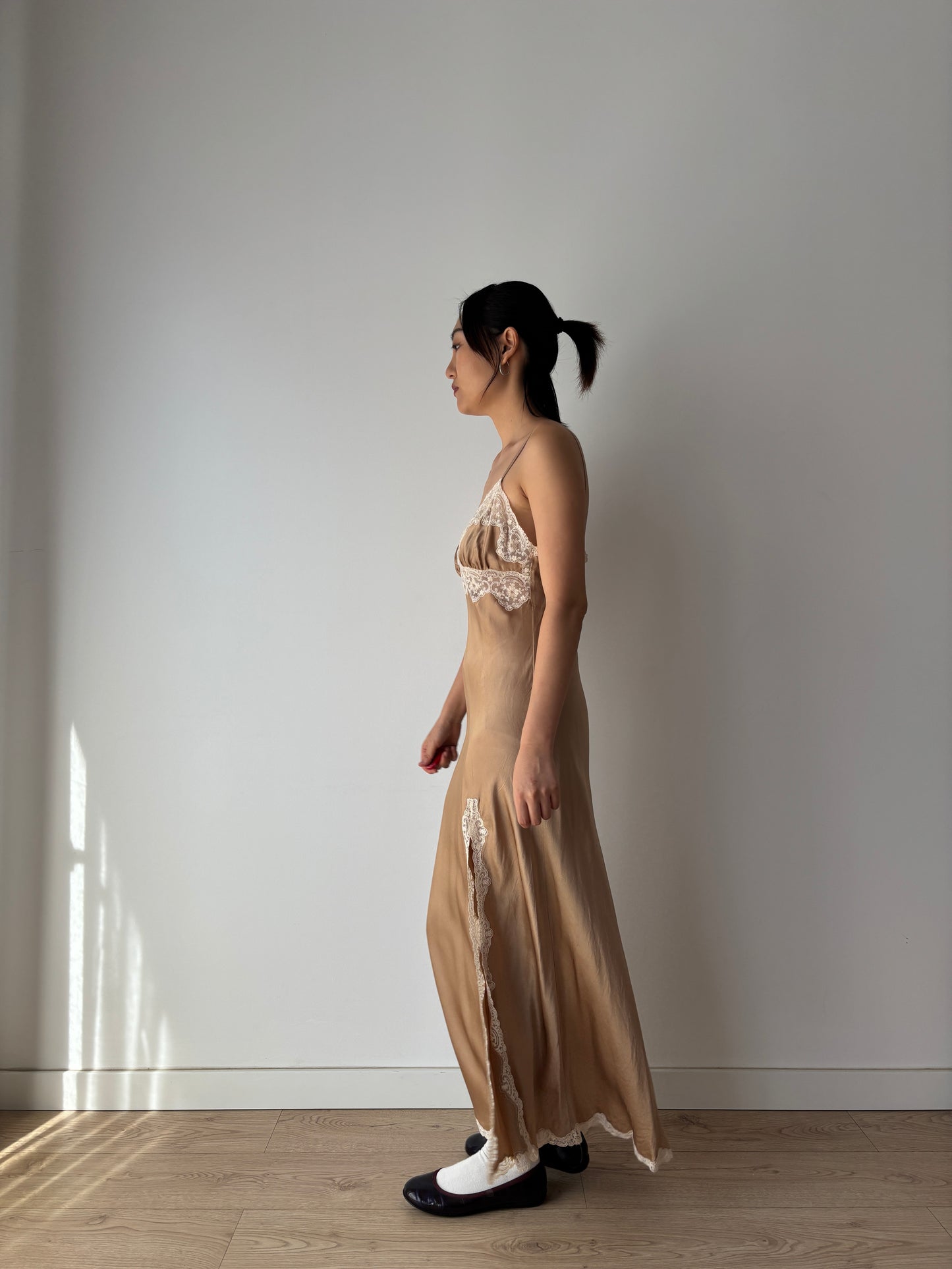 Vintage Brown Silk Lace Slip Dress with Appliqué, 1930s Style Romantic Slit Cut Maxi Gown