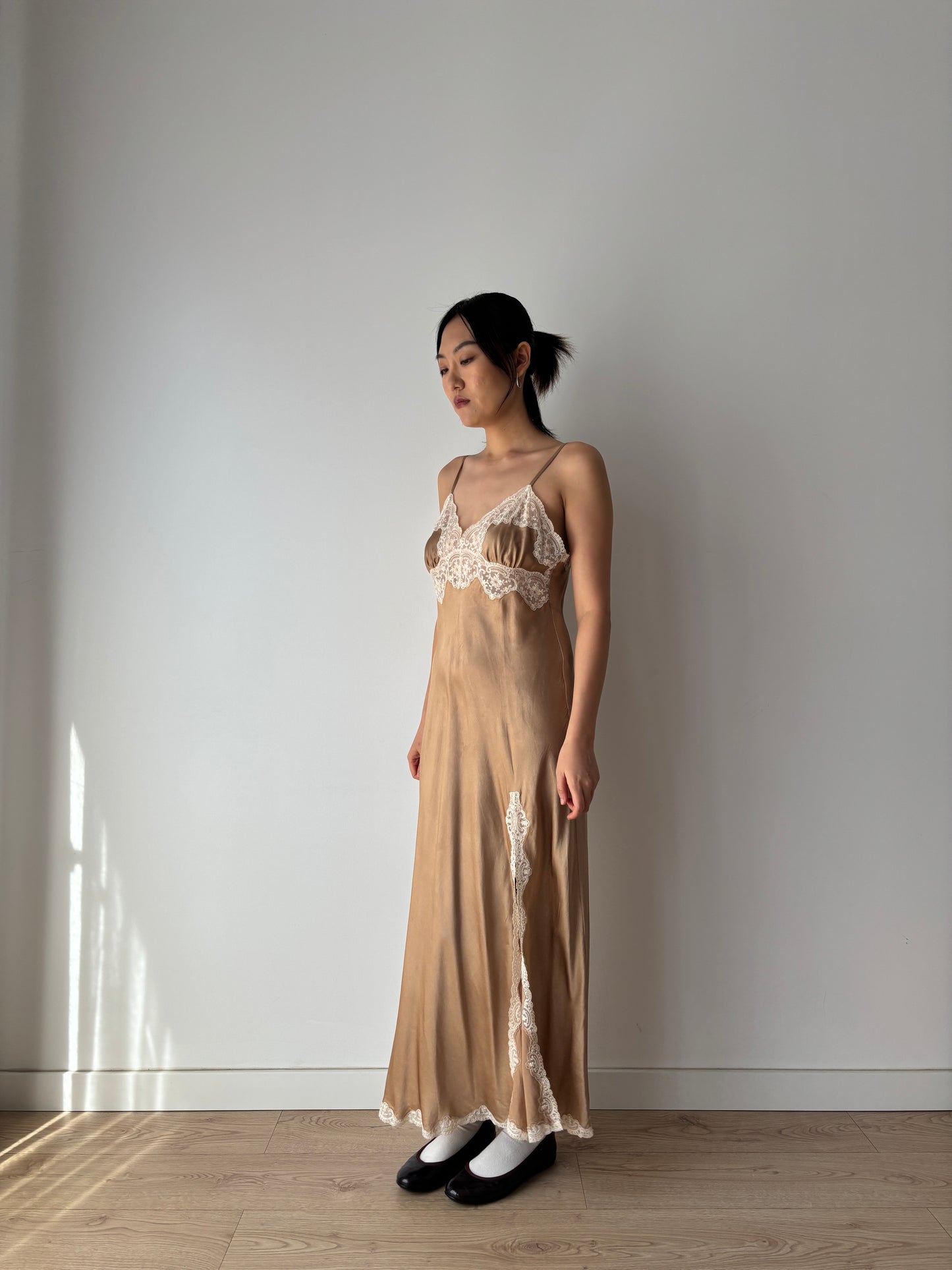 Vintage Brown Silk Lace Slip Dress with Appliqué, 1930s Style Romantic Slit Cut Maxi Gown