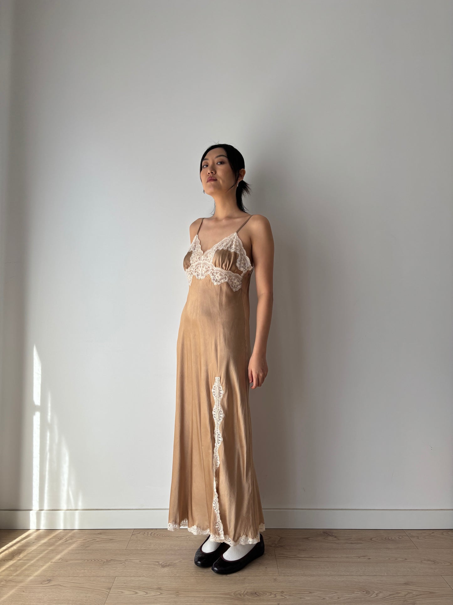 Vintage Brown Silk Lace Slip Dress with Appliqué, 1930s Style Romantic Slit Cut Maxi Gown