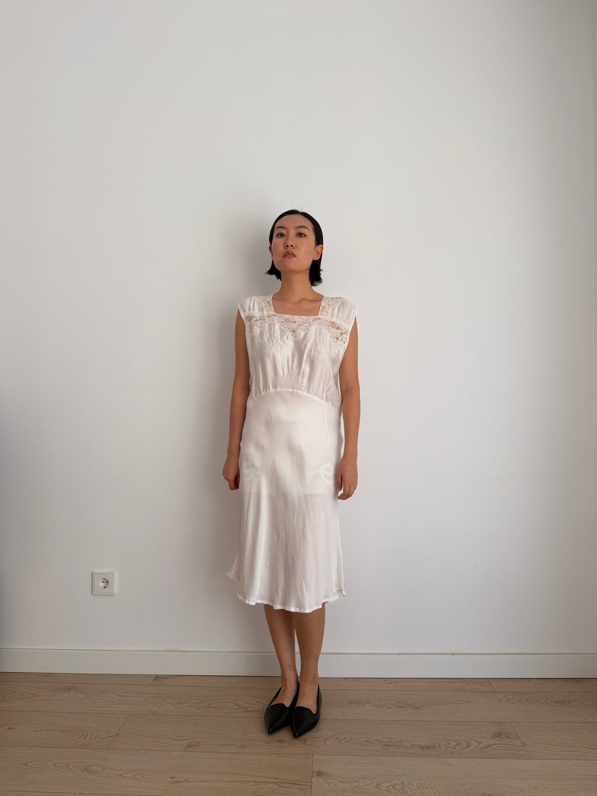 1950s Vintage Silk Satin Bridal Embroidered Slip Dress
