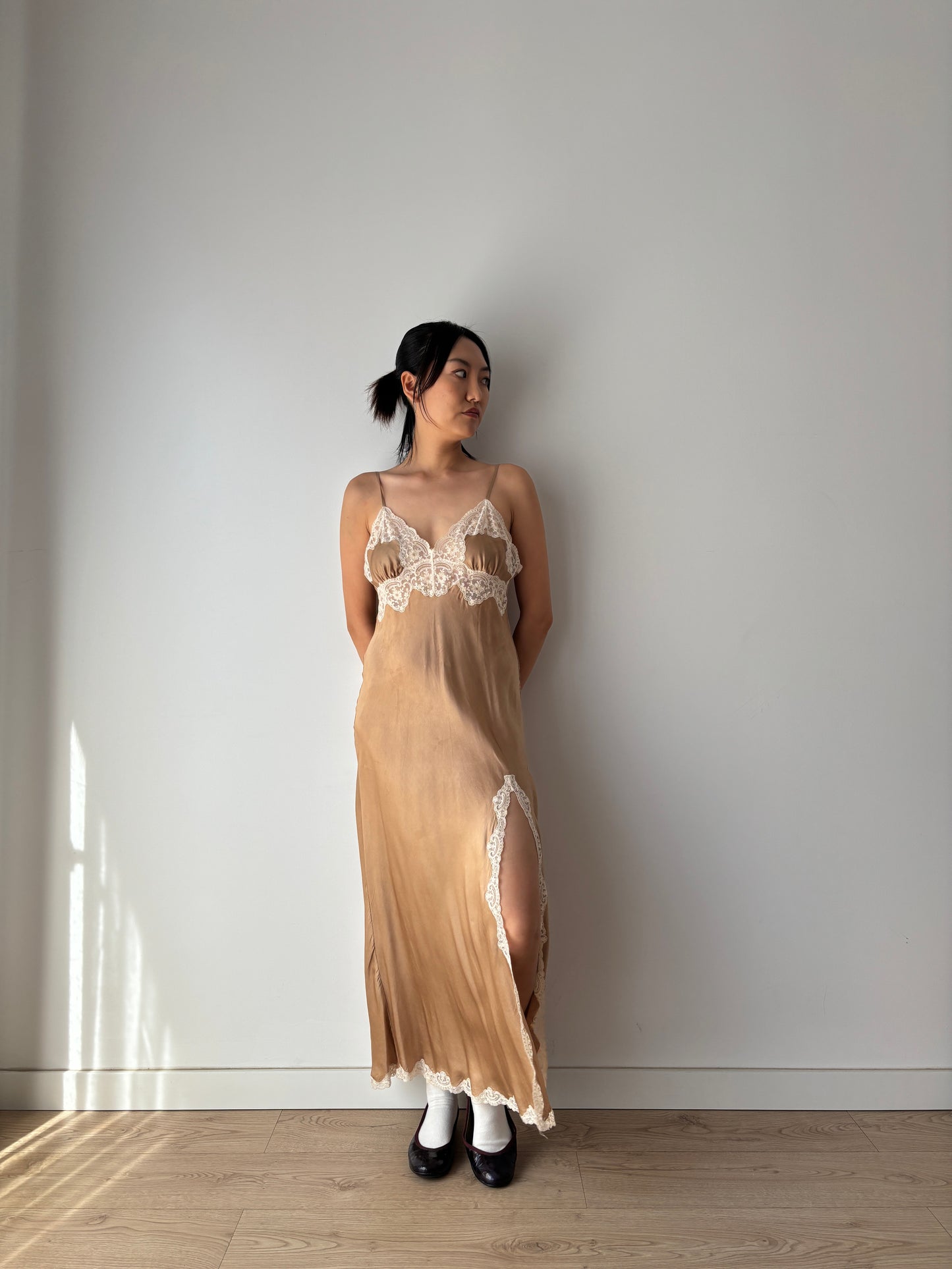 Vintage Brown Silk Lace Slip Dress with Appliqué, 1930s Style Romantic Slit Cut Maxi Gown