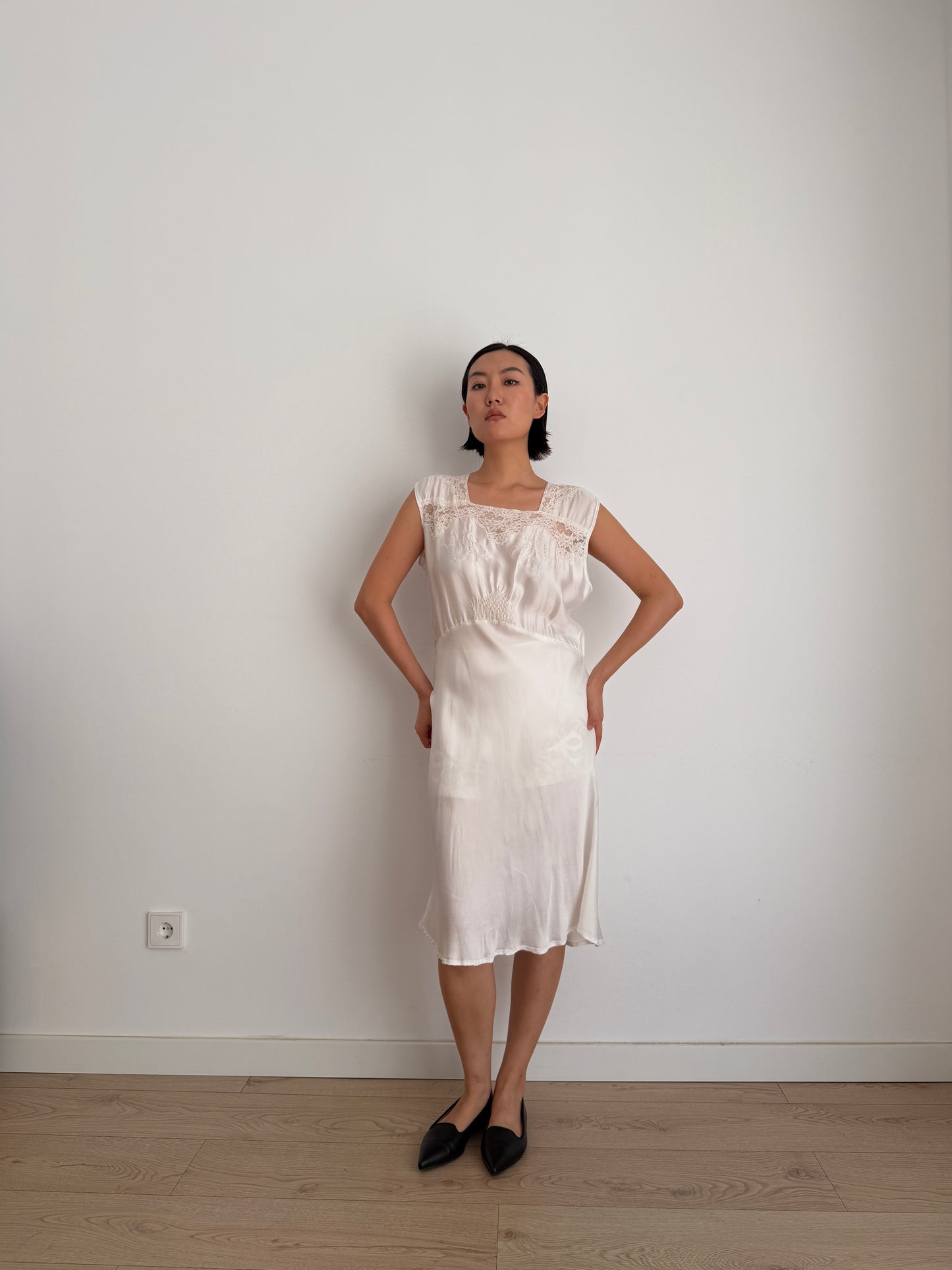1950s Vintage Silk Satin Bridal Embroidered Slip Dress