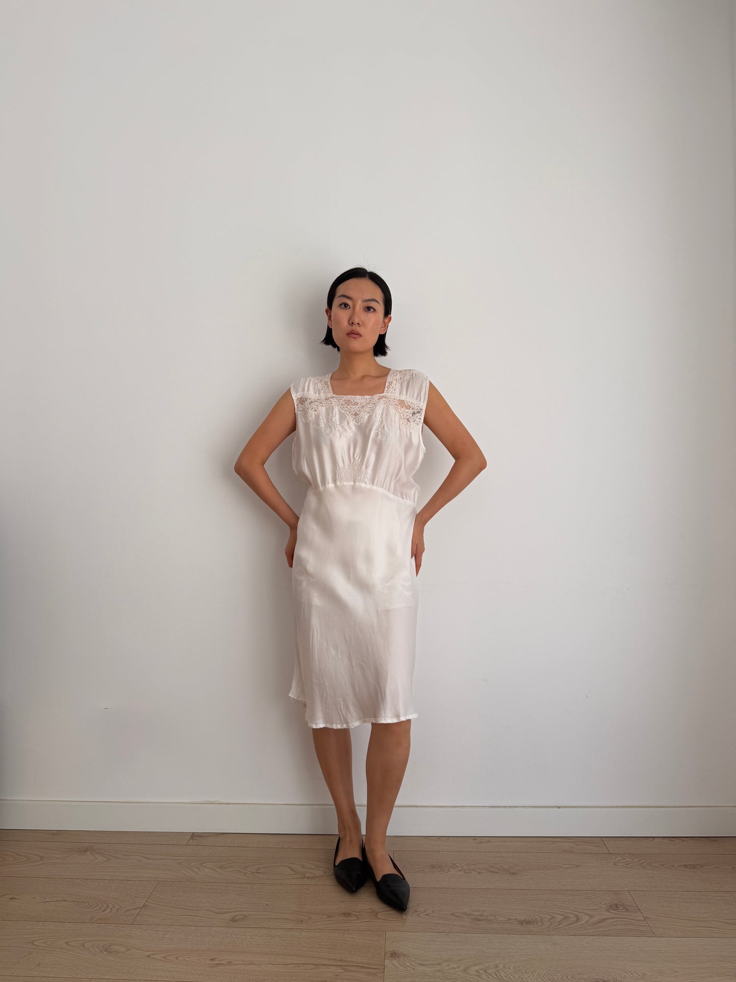 1950s Vintage Silk Satin Bridal Embroidered Slip Dress