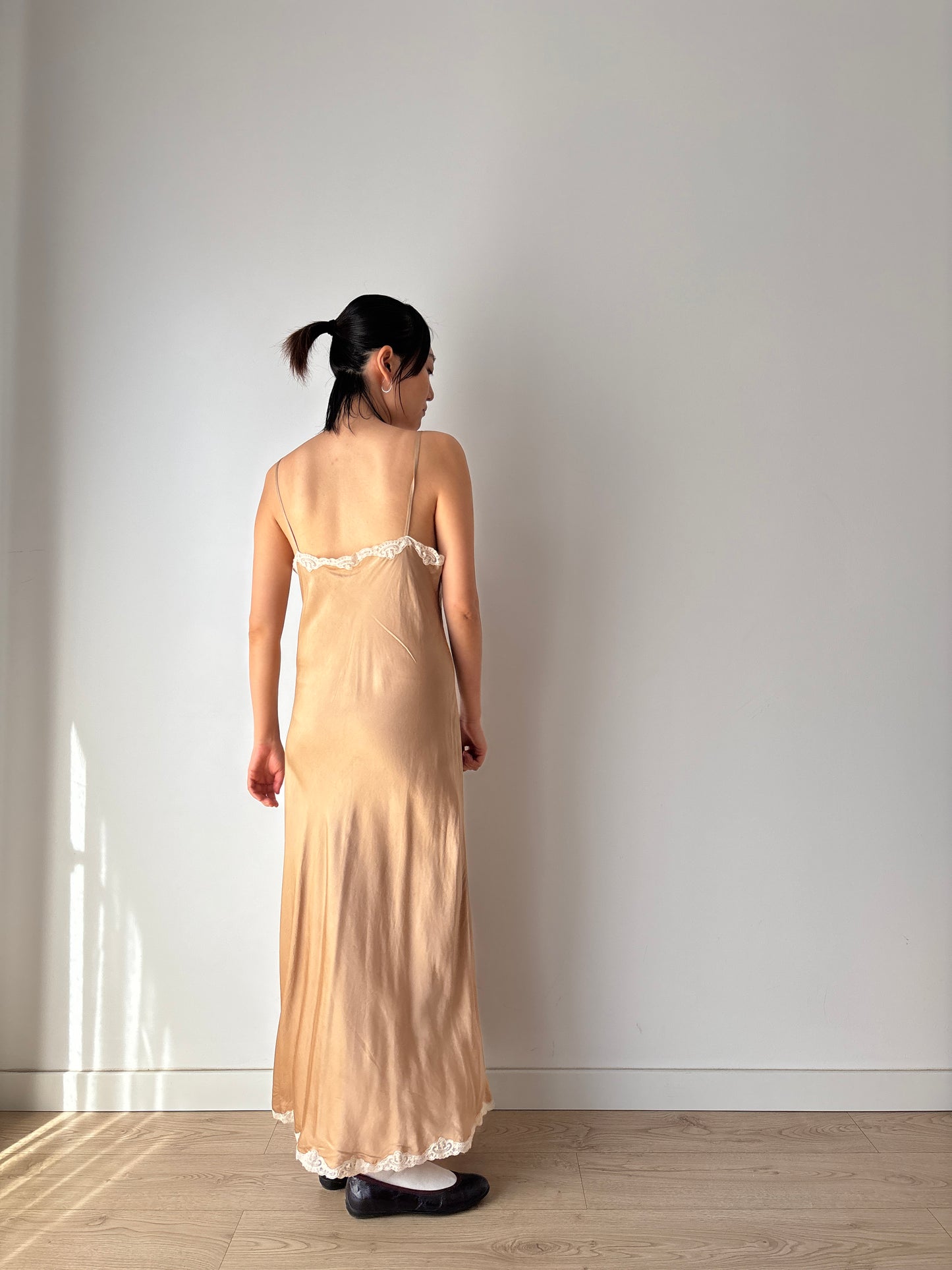 Vintage Brown Silk Lace Slip Dress with Appliqué, 1930s Style Romantic Slit Cut Maxi Gown