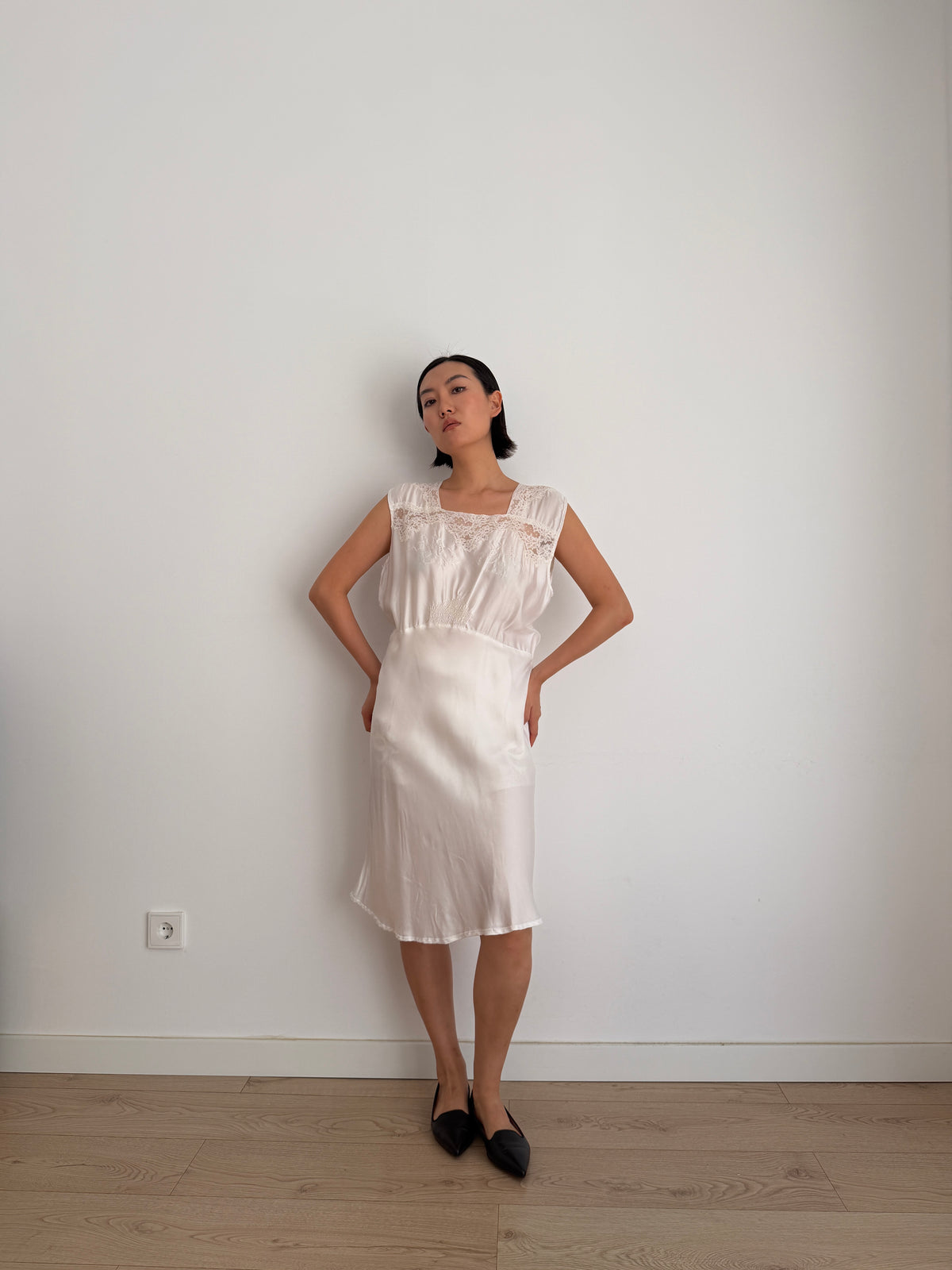 1950s Vintage Silk Satin Bridal Embroidered Slip Dress