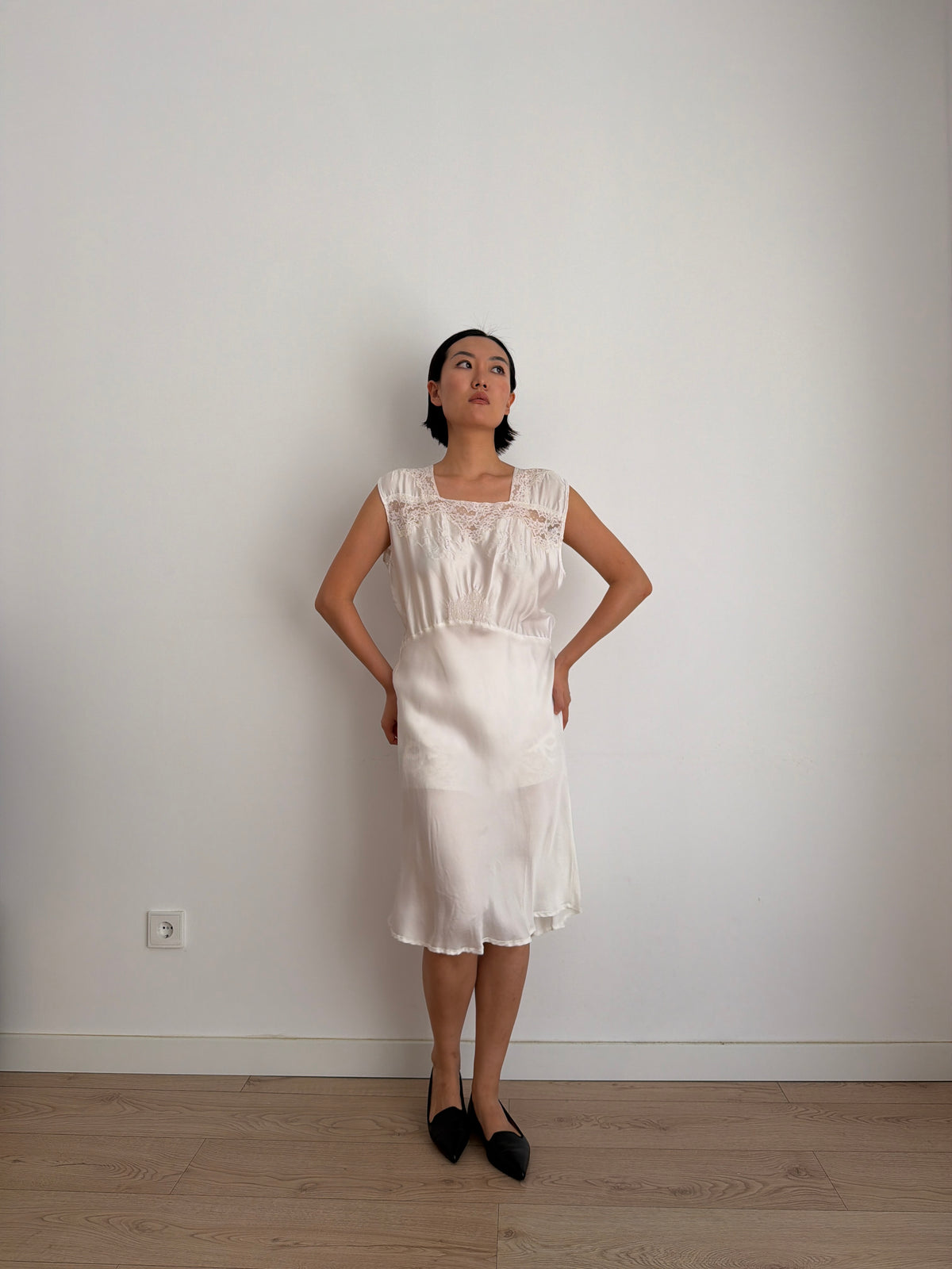 1950s Vintage Silk Satin Bridal Embroidered Slip Dress