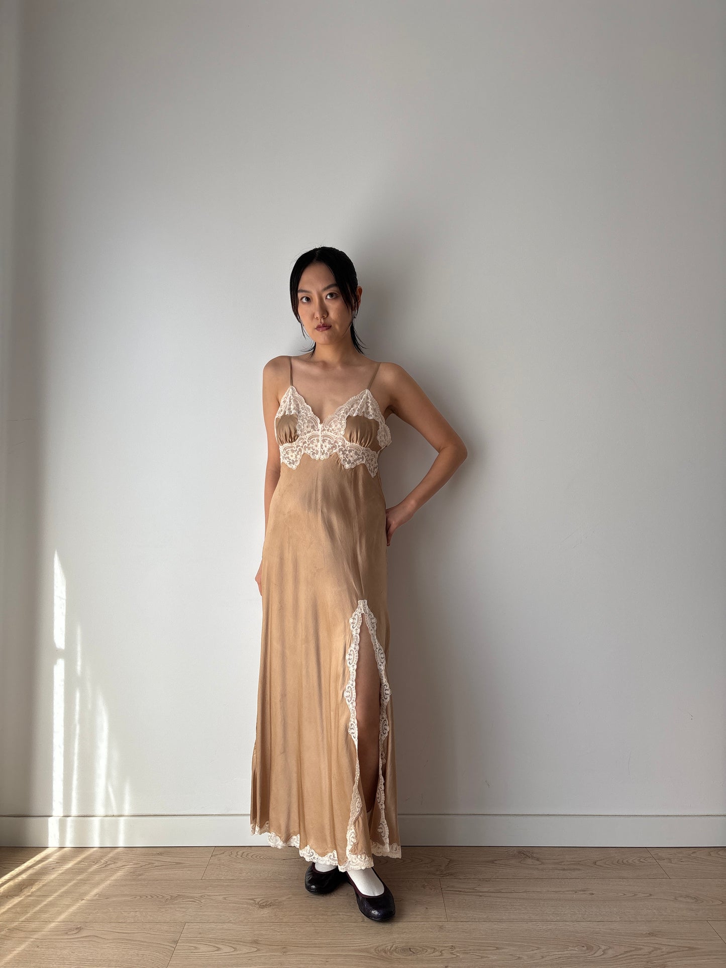 Vintage Brown Silk Lace Slip Dress with Appliqué, 1930s Style Romantic Slit Cut Maxi Gown