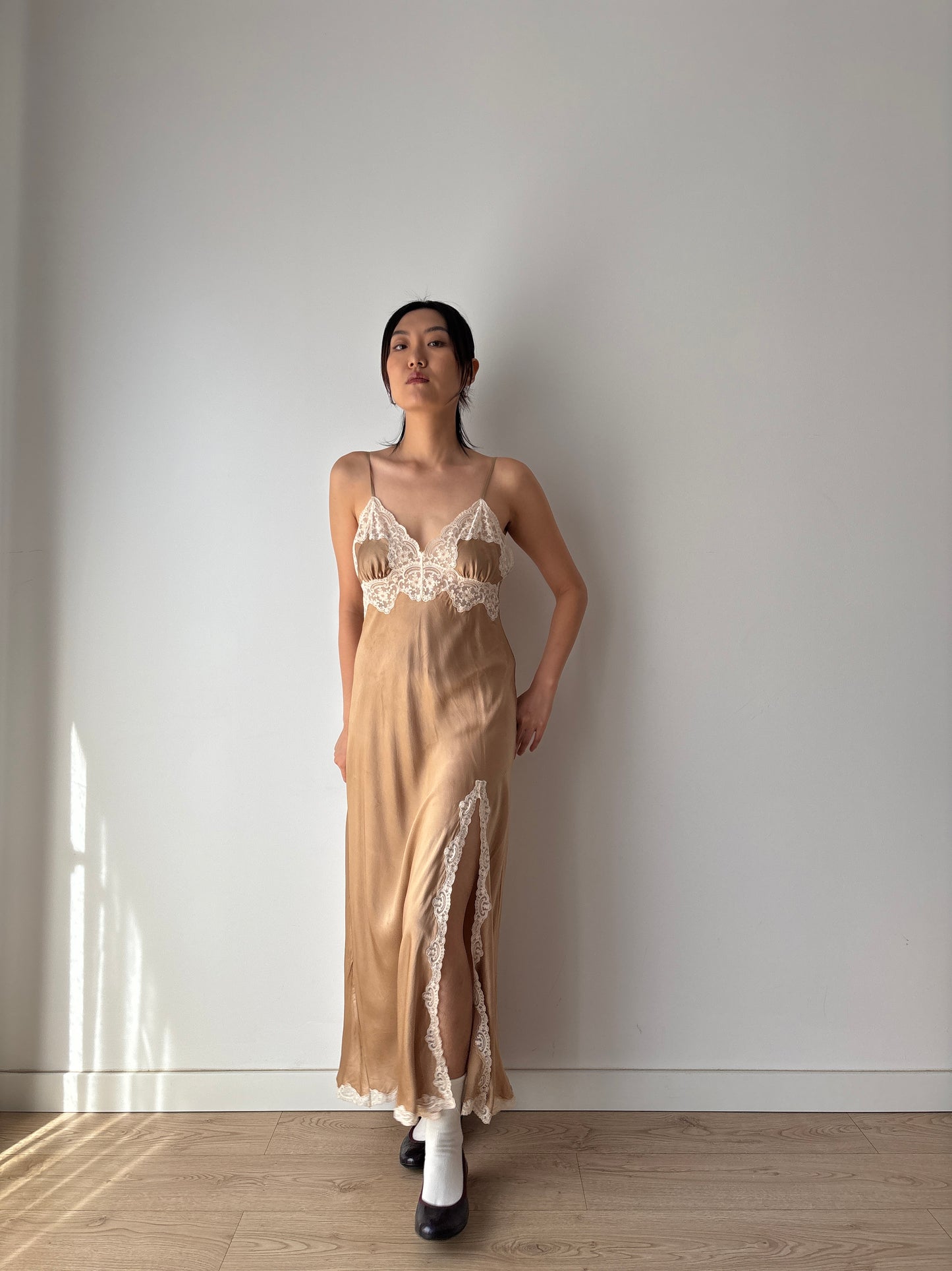 Vintage Brown Silk Lace Slip Dress with Appliqué, 1930s Style Romantic Slit Cut Maxi Gown