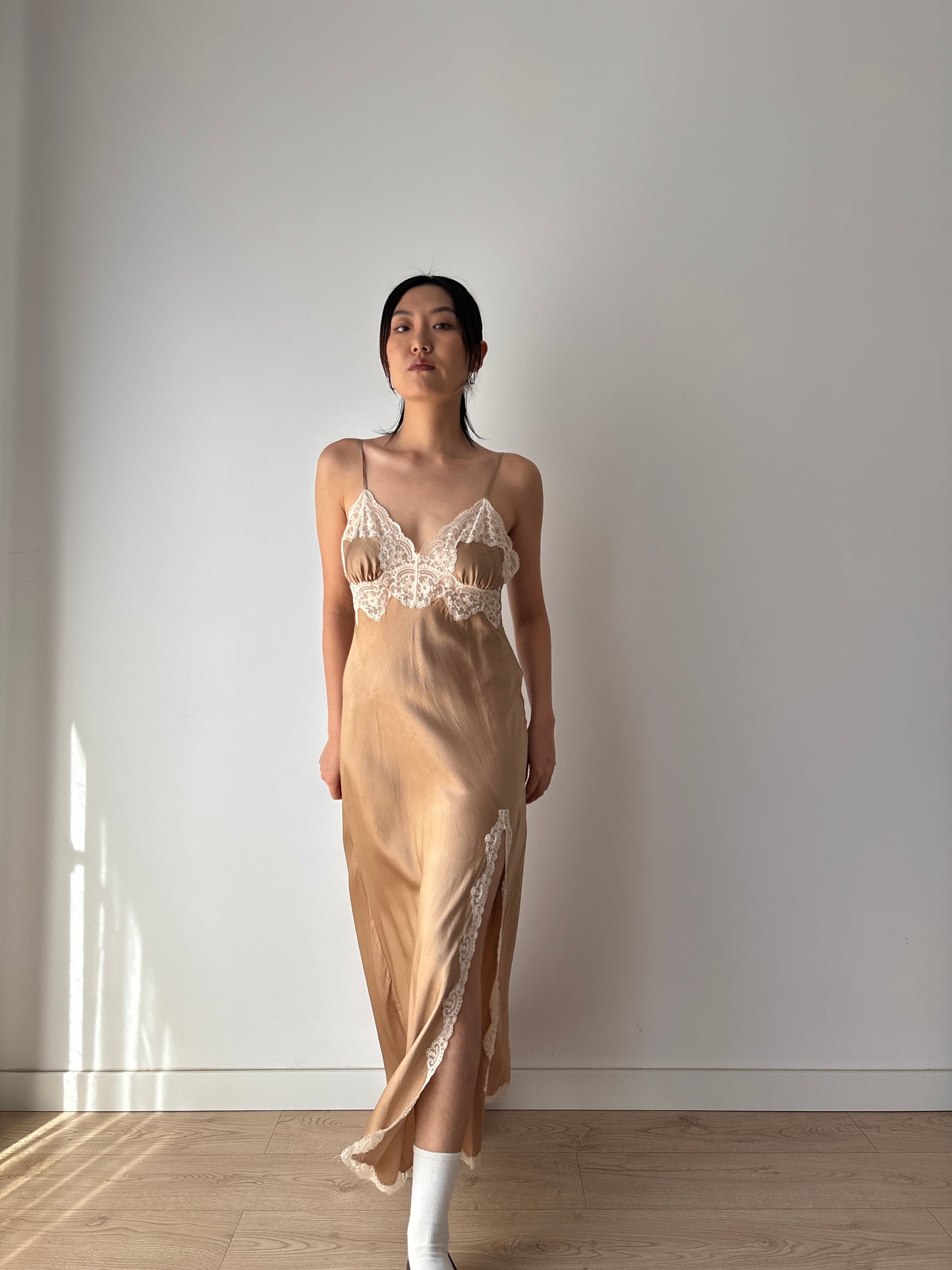 Vintage Brown Silk Lace Slip Dress with Appliqué, 1930s Style Romantic Slit Cut Maxi Gown