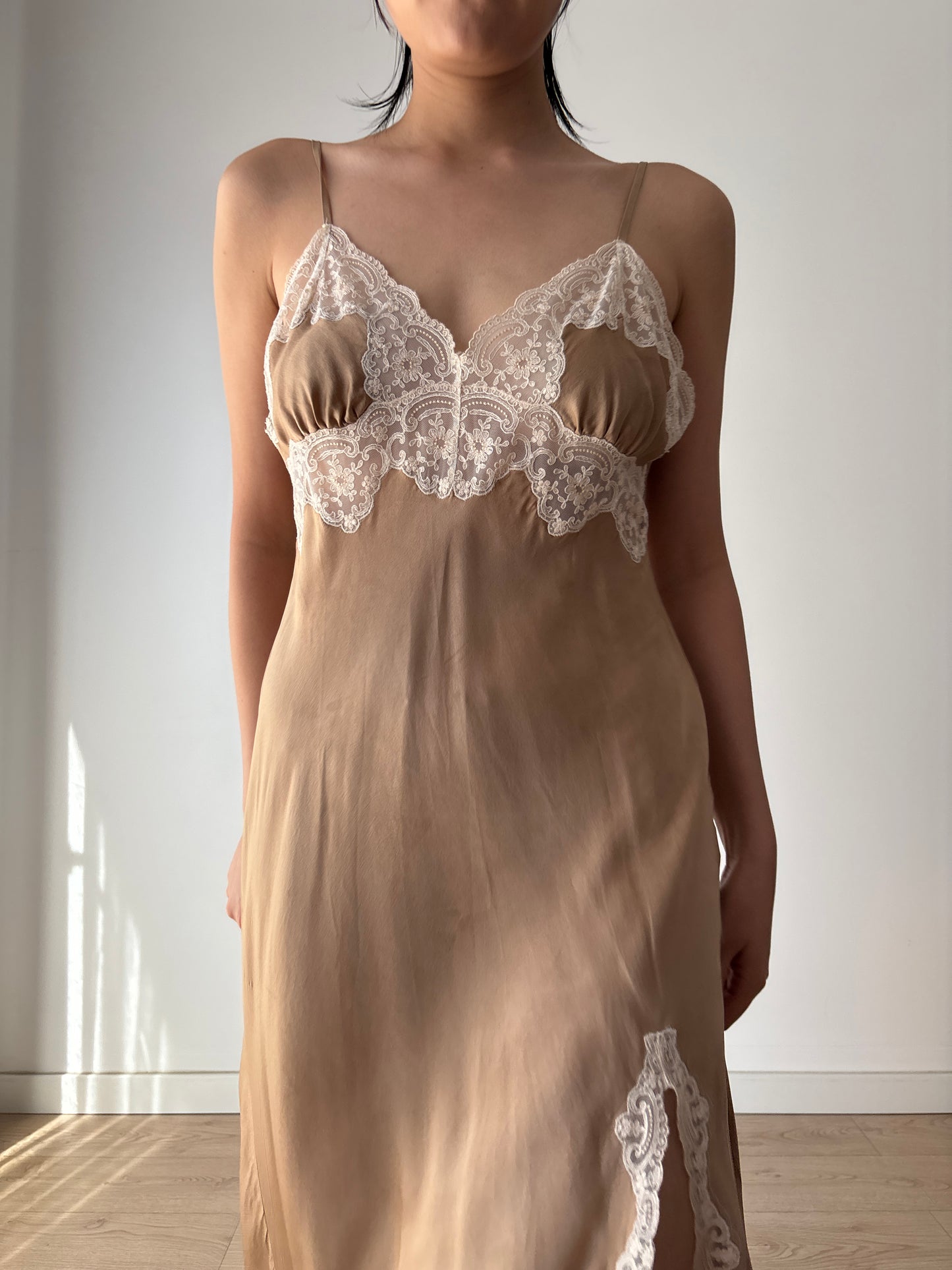 Vintage Brown Silk Lace Slip Dress with Appliqué, 1930s Style Romantic Slit Cut Maxi Gown