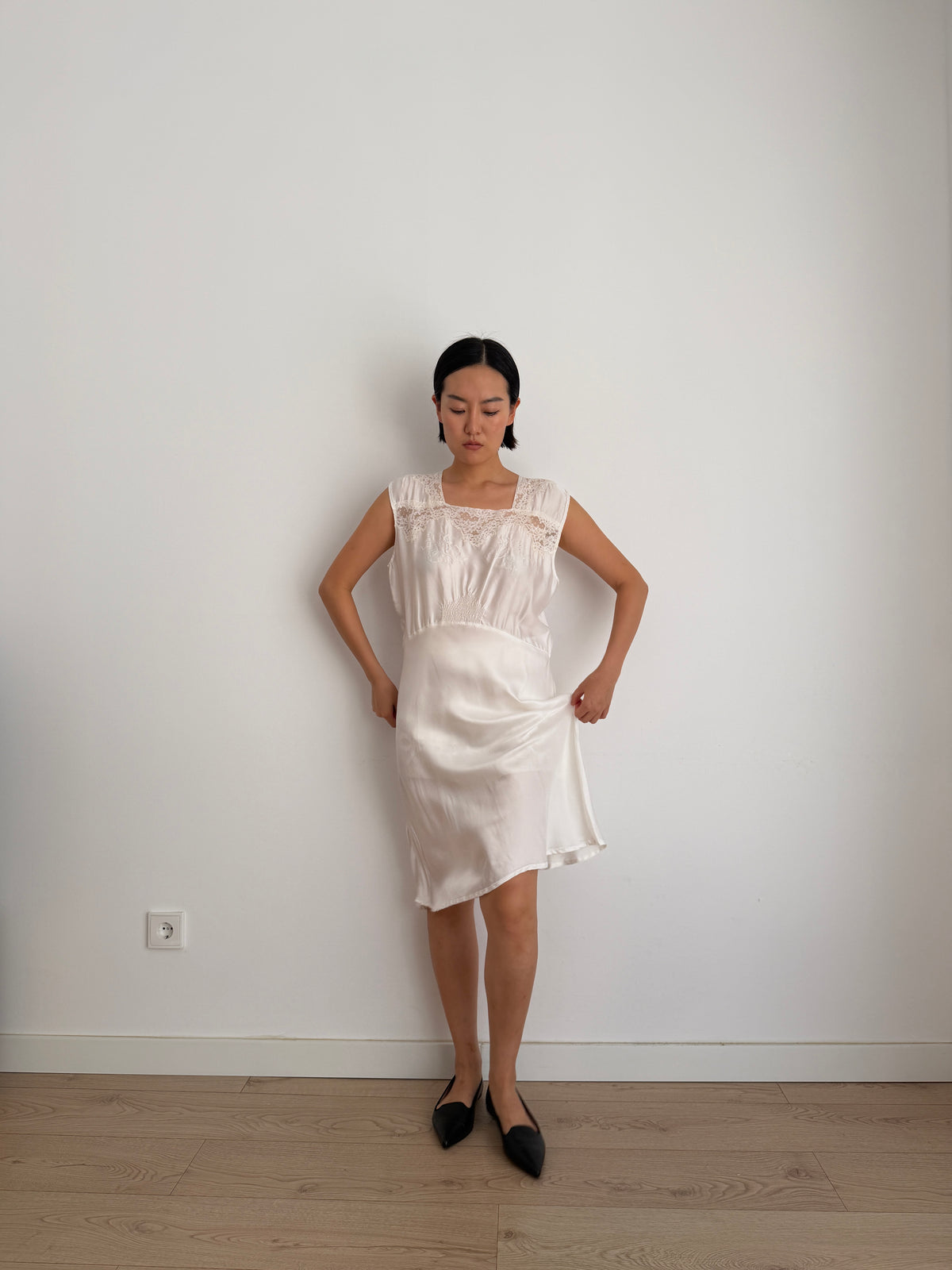 1950s Vintage Silk Satin Bridal Embroidered Slip Dress