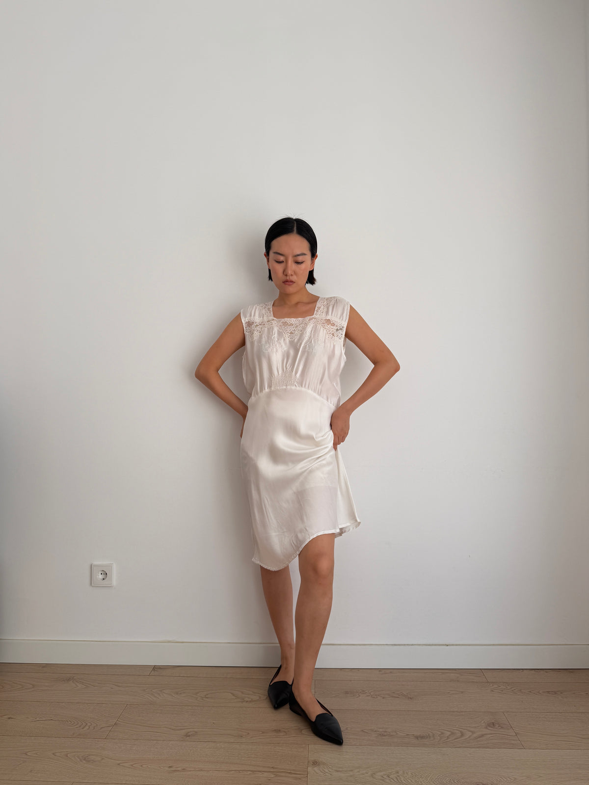 1950s Vintage Silk Satin Bridal Embroidered Slip Dress