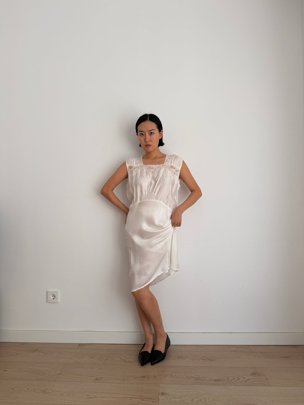 1950s Vintage Silk Satin Bridal Embroidered Slip Dress