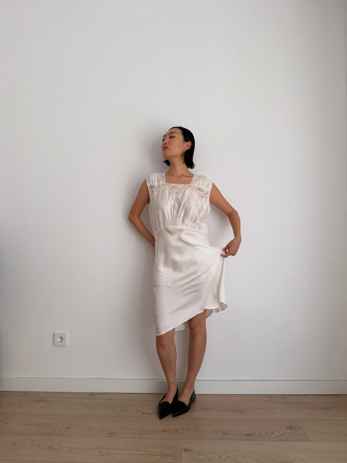 1950s Vintage Silk Satin Bridal Embroidered Slip Dress