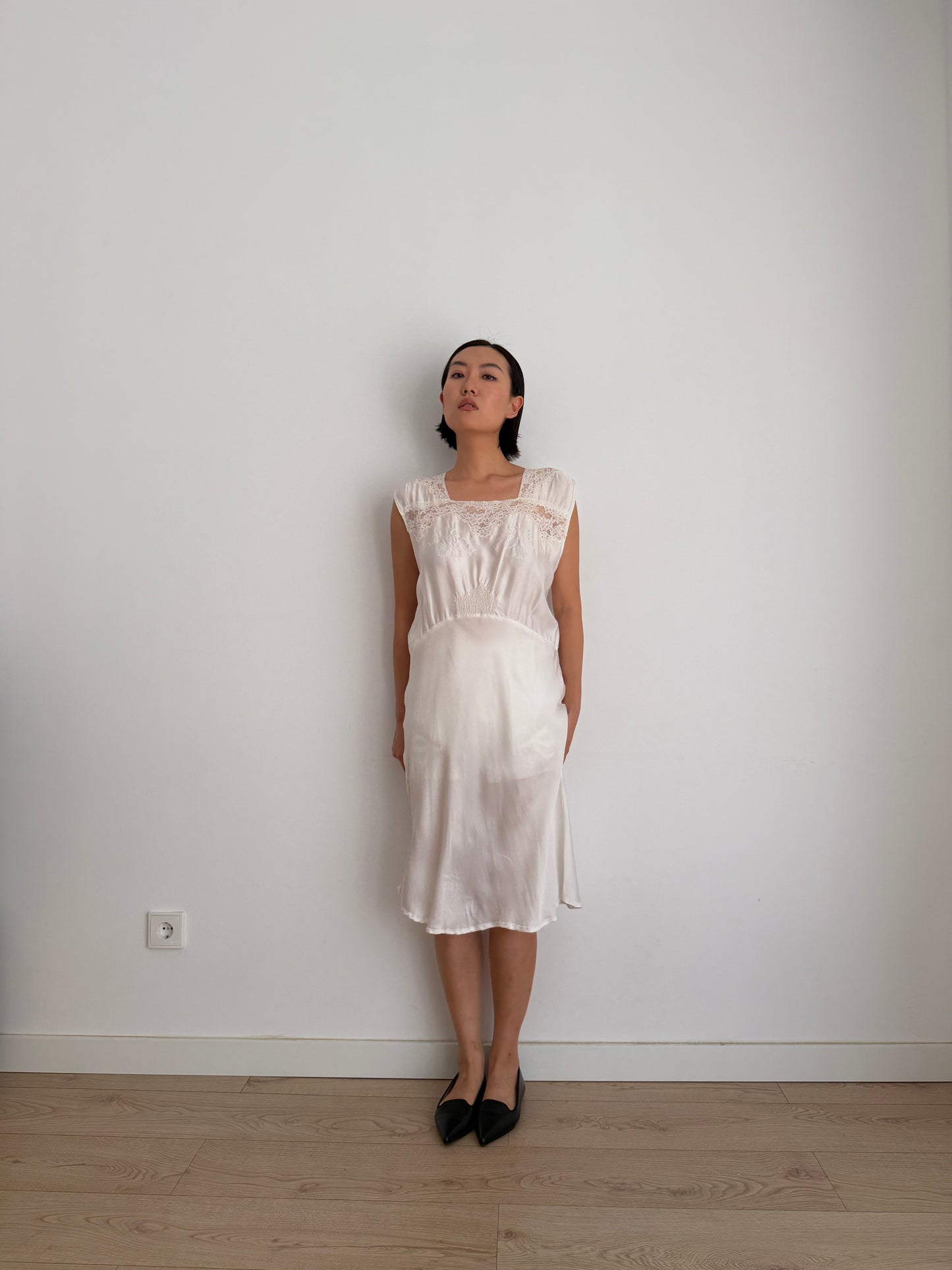 1950s Vintage Silk Satin Bridal Embroidered Slip Dress
