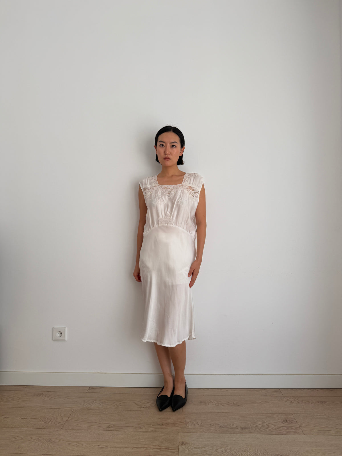 1950s Vintage Silk Satin Bridal Embroidered Slip Dress